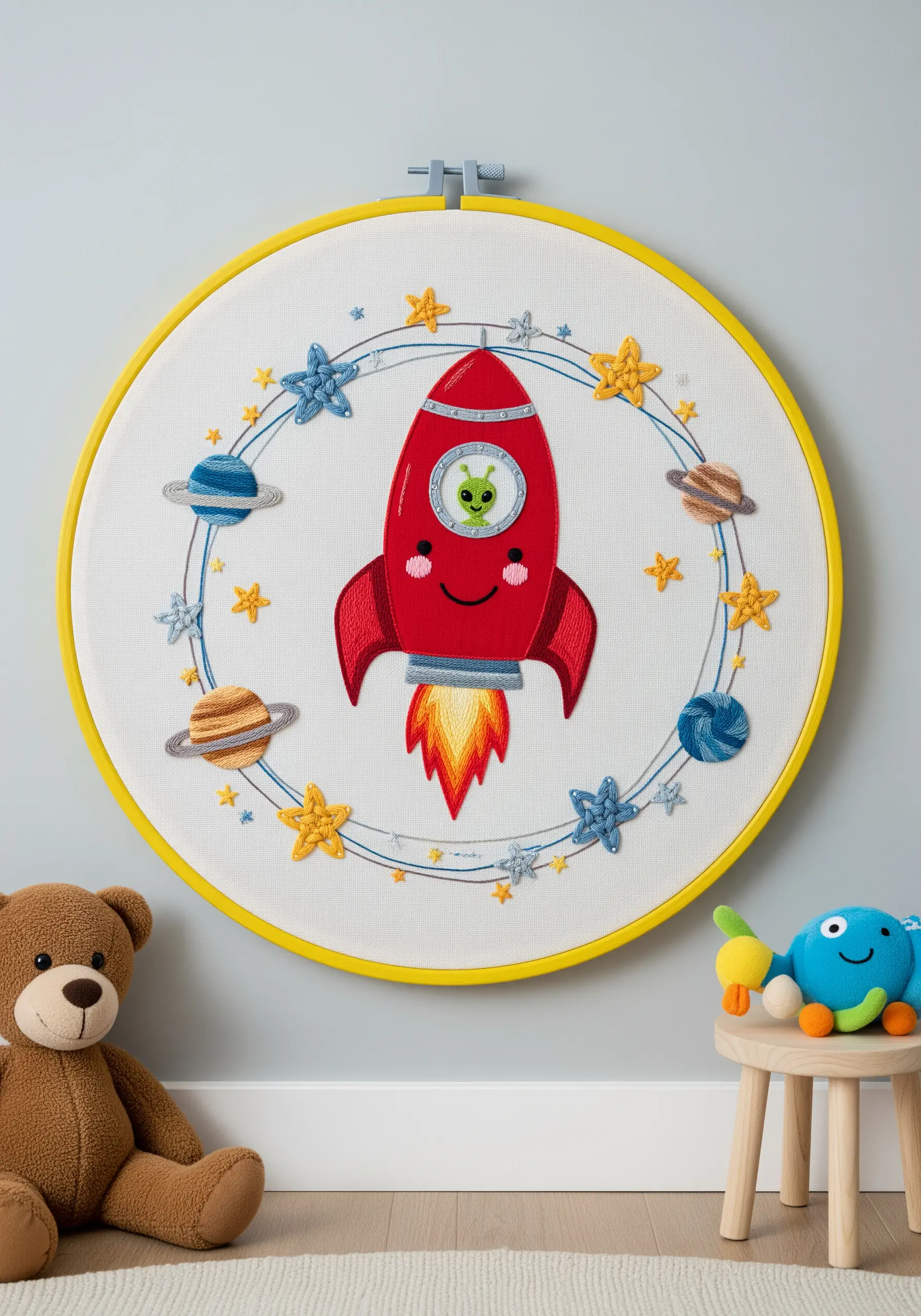 A large embroidered rocket ship in a hoop with a yellow-wrapped edge, hanging in a nursery.