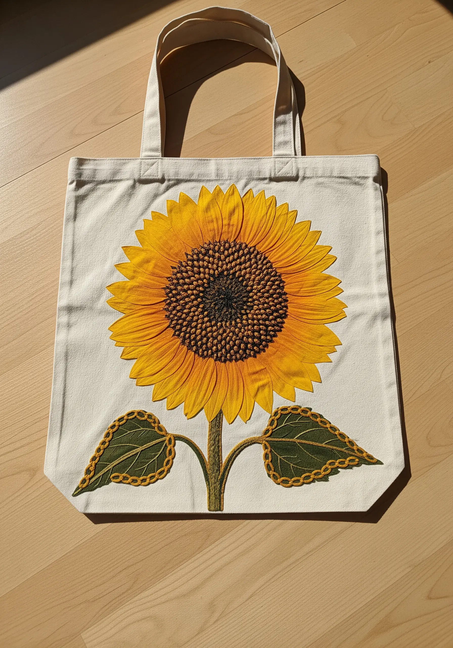 A tote bag featuring a large pressed sunflower with embroidered details on its leaves.