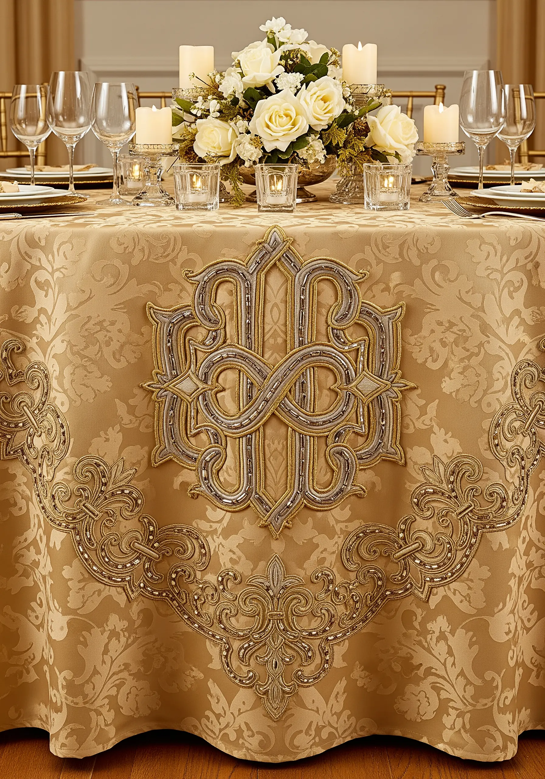 A large, ornate silver and gold monogram on a gold damask tablecloth, heavily embellished with beads.