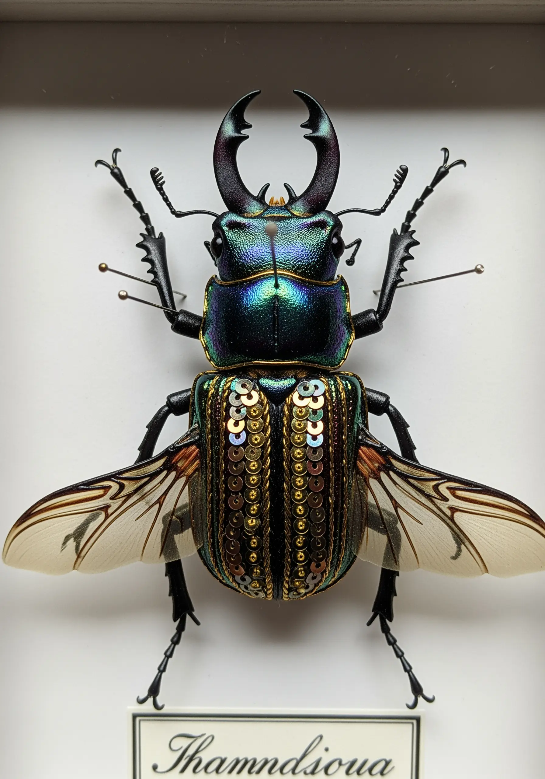 A large, iridescent stag beetle with its wing case decorated in rows of gold sequins.