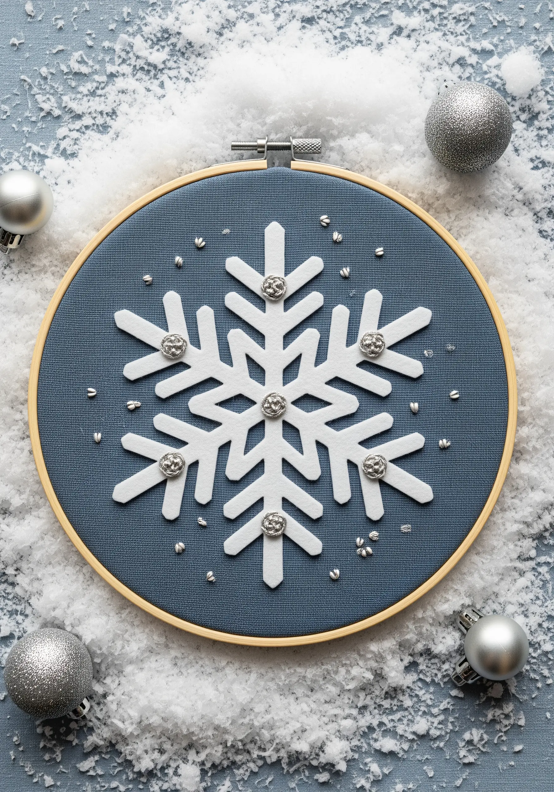 A white felt snowflake on blue fabric, embellished with silver beads.