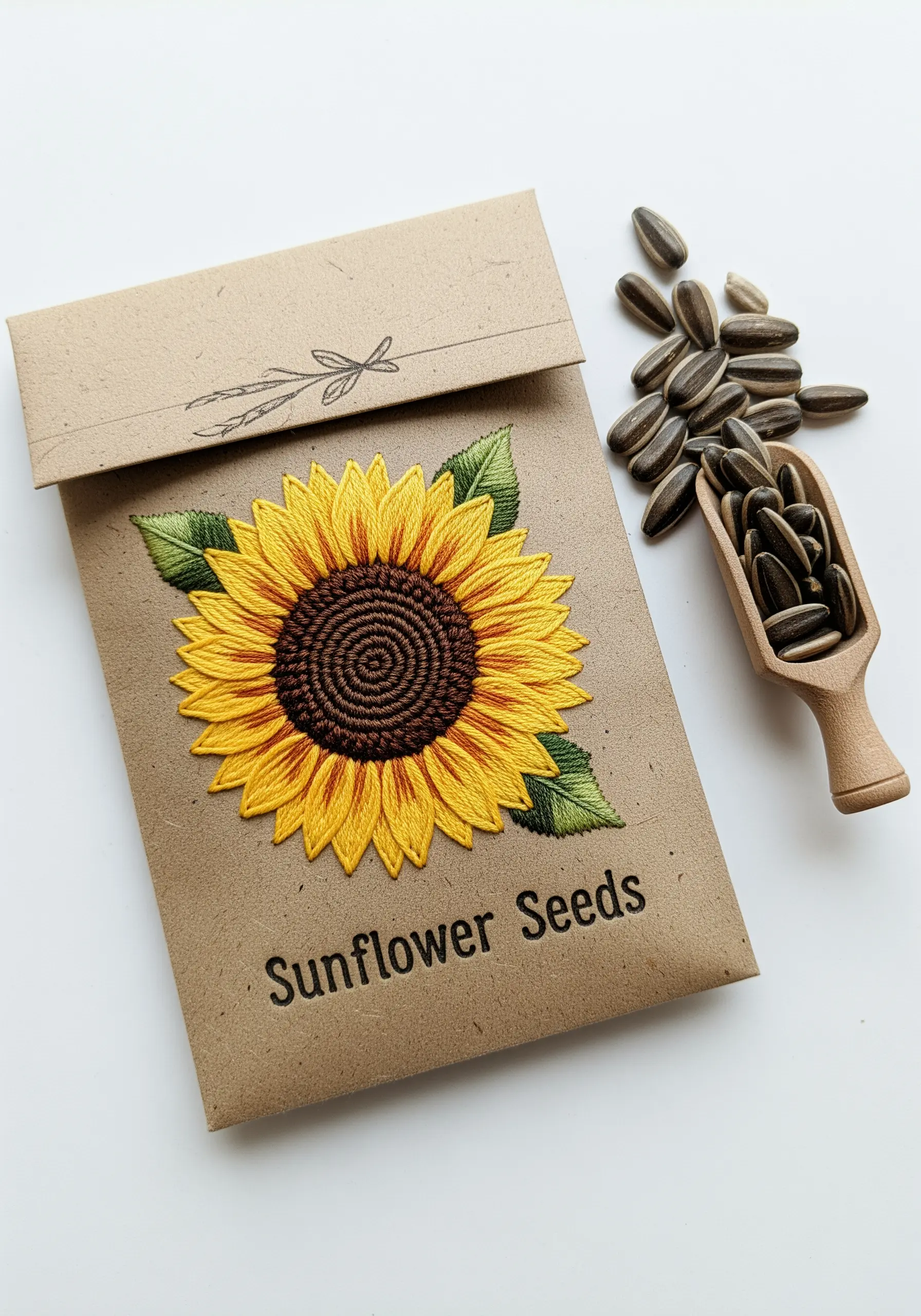 A kraft paper seed packet featuring a vibrant, satin-stitched sunflower.