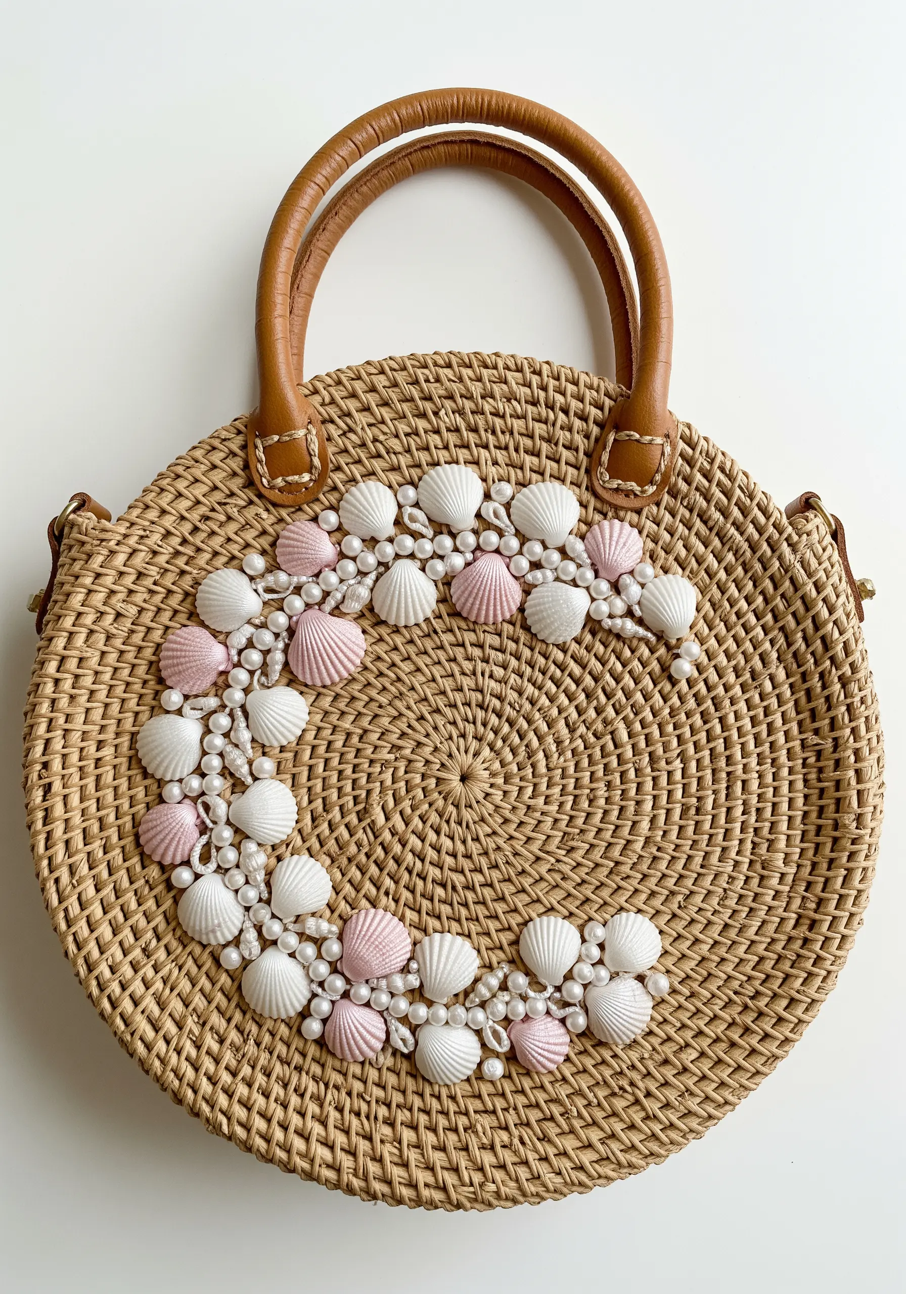A crescent-shaped design made of real miniature shells and pearls on a round straw bag.