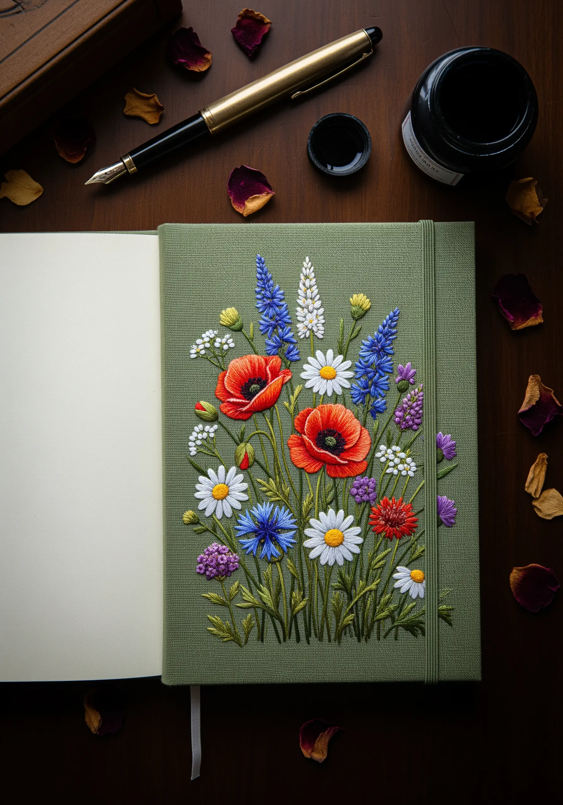 A sage green journal cover densely embroidered with a colorful wildflower bouquet.