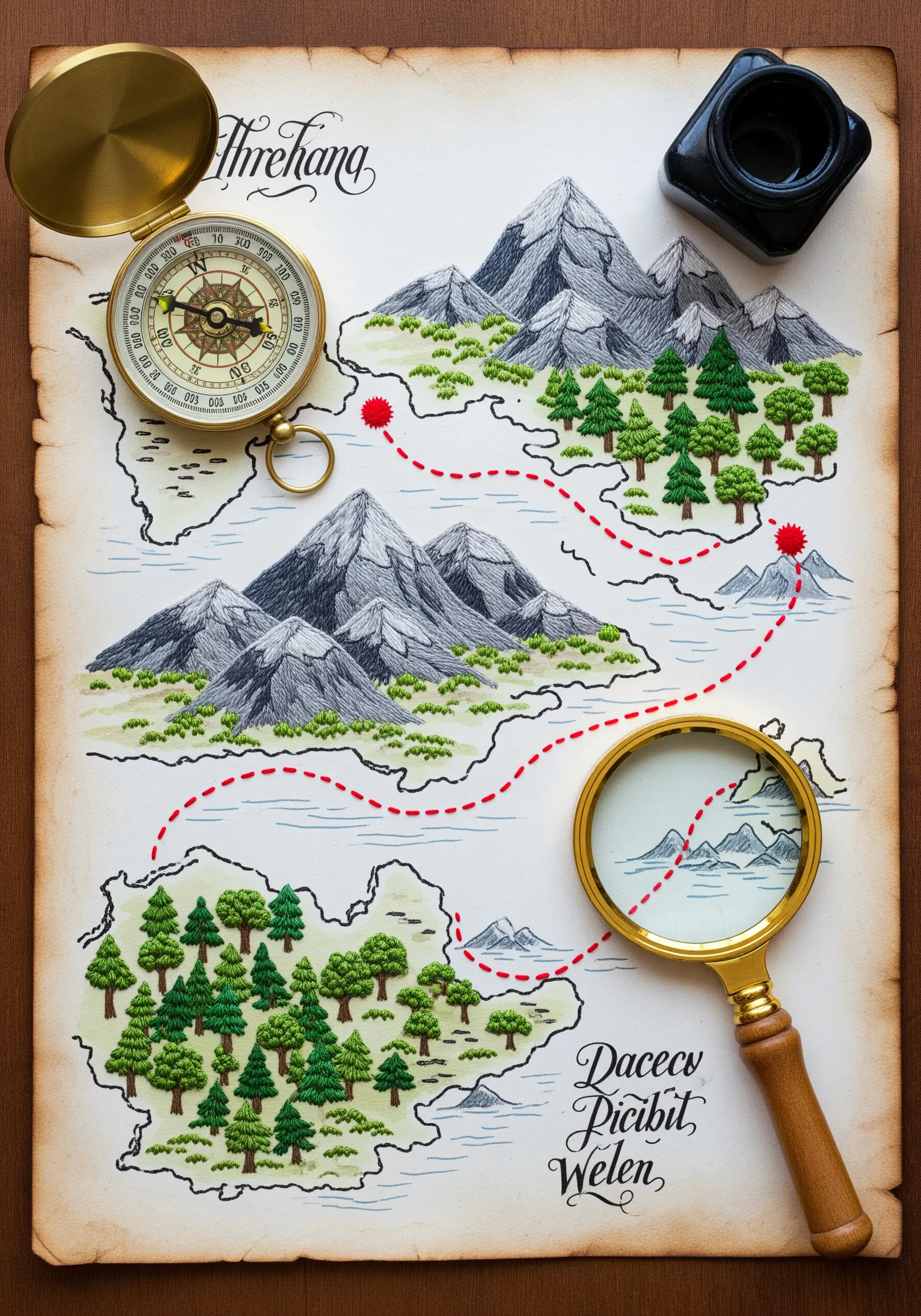 Illustrated fantasy map with an embroidered red dashed line showing a path.