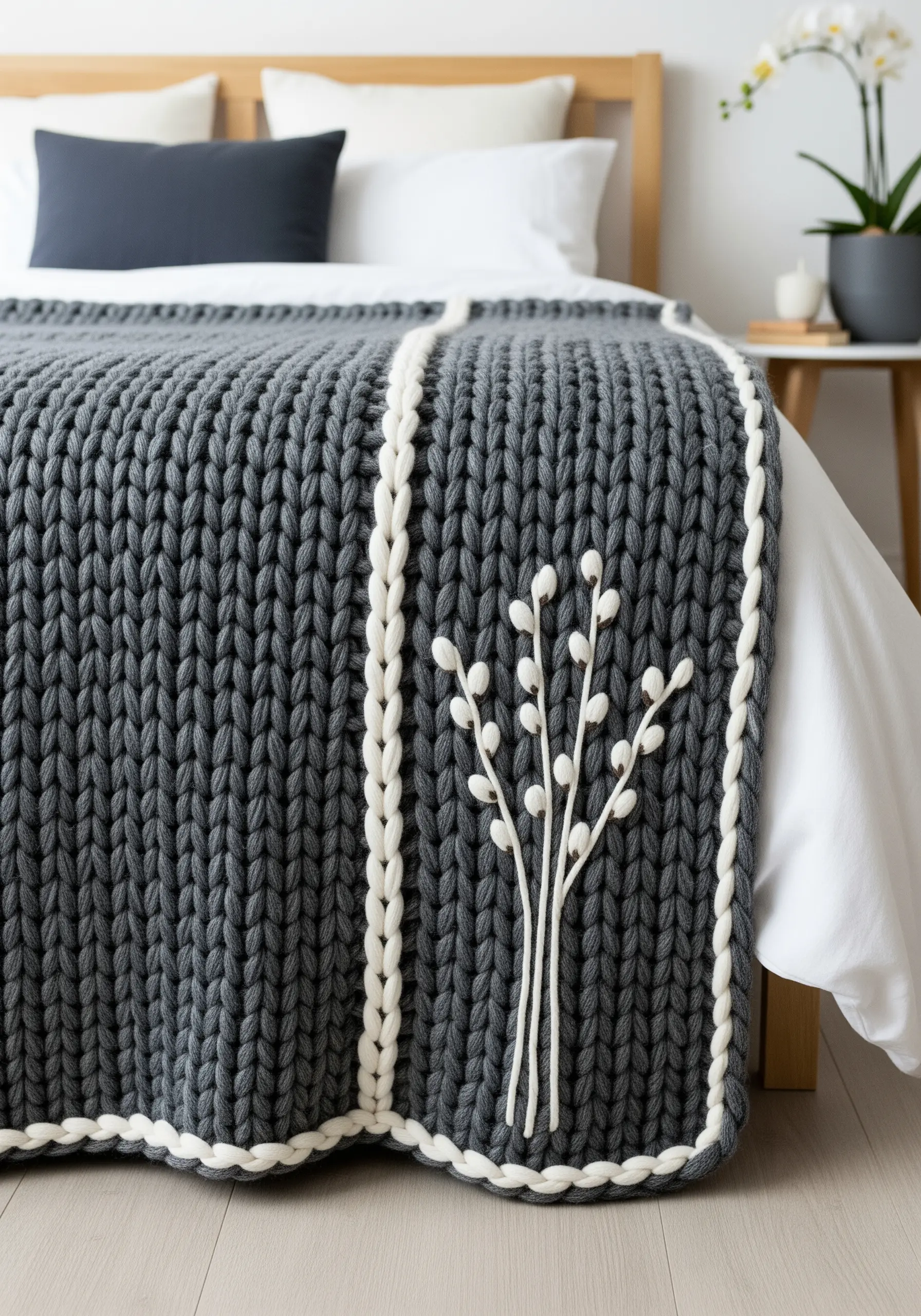 A sprig of pussy willow embroidered with thick white yarn on a chunky grey knit blanket.