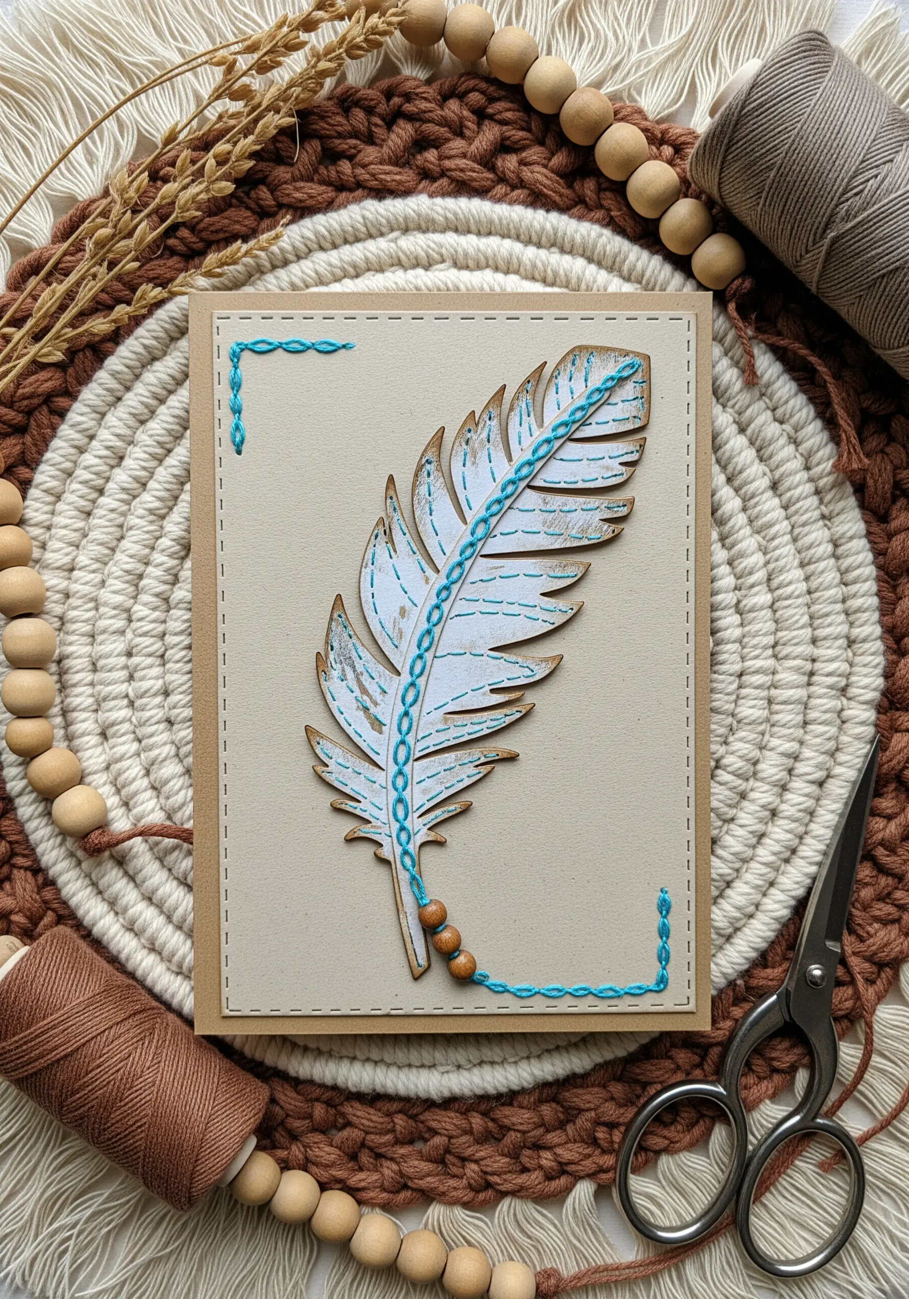 A paper-cut feather embellished with a turquoise chain stitch and running stitches on kraft card.