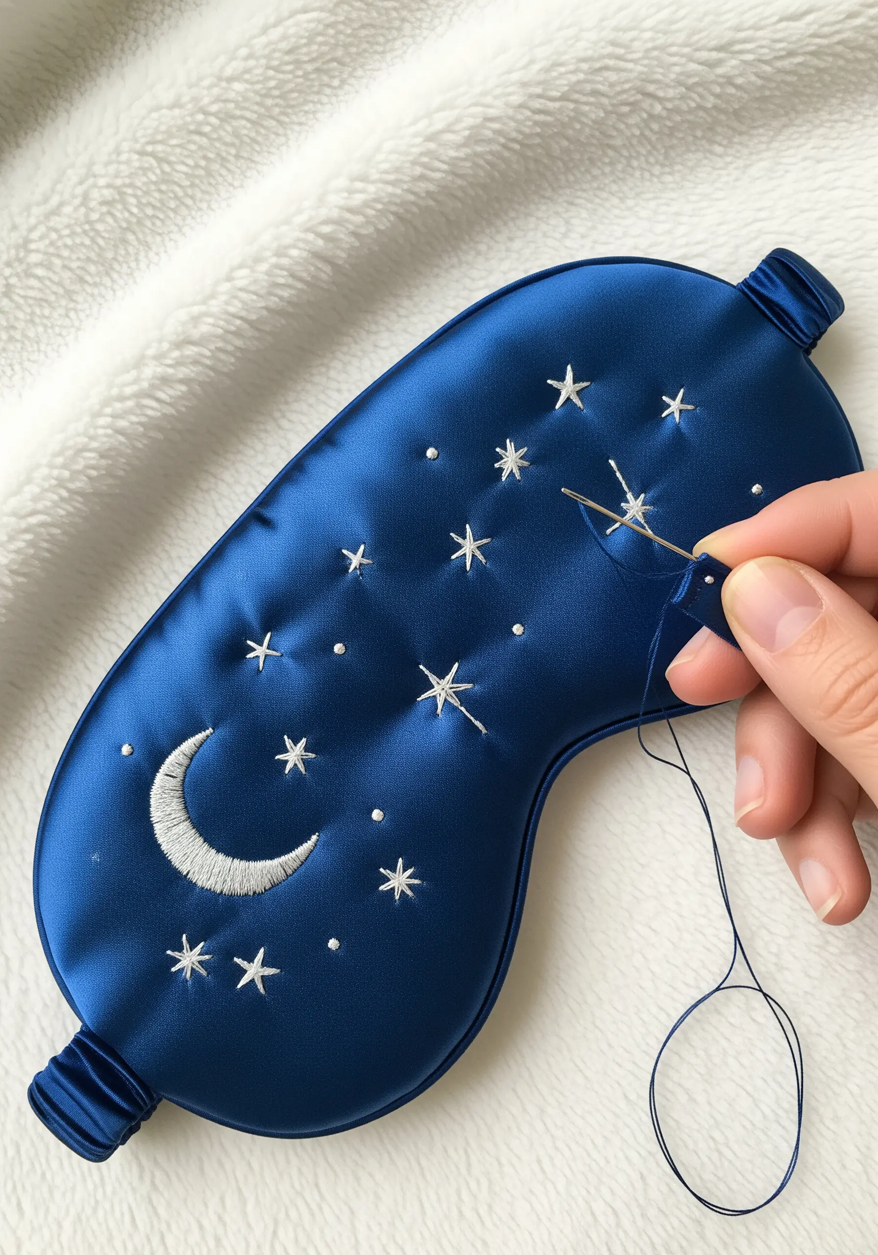 Hand-embroidering a silver crescent moon and stars onto a navy blue silk sleep mask.