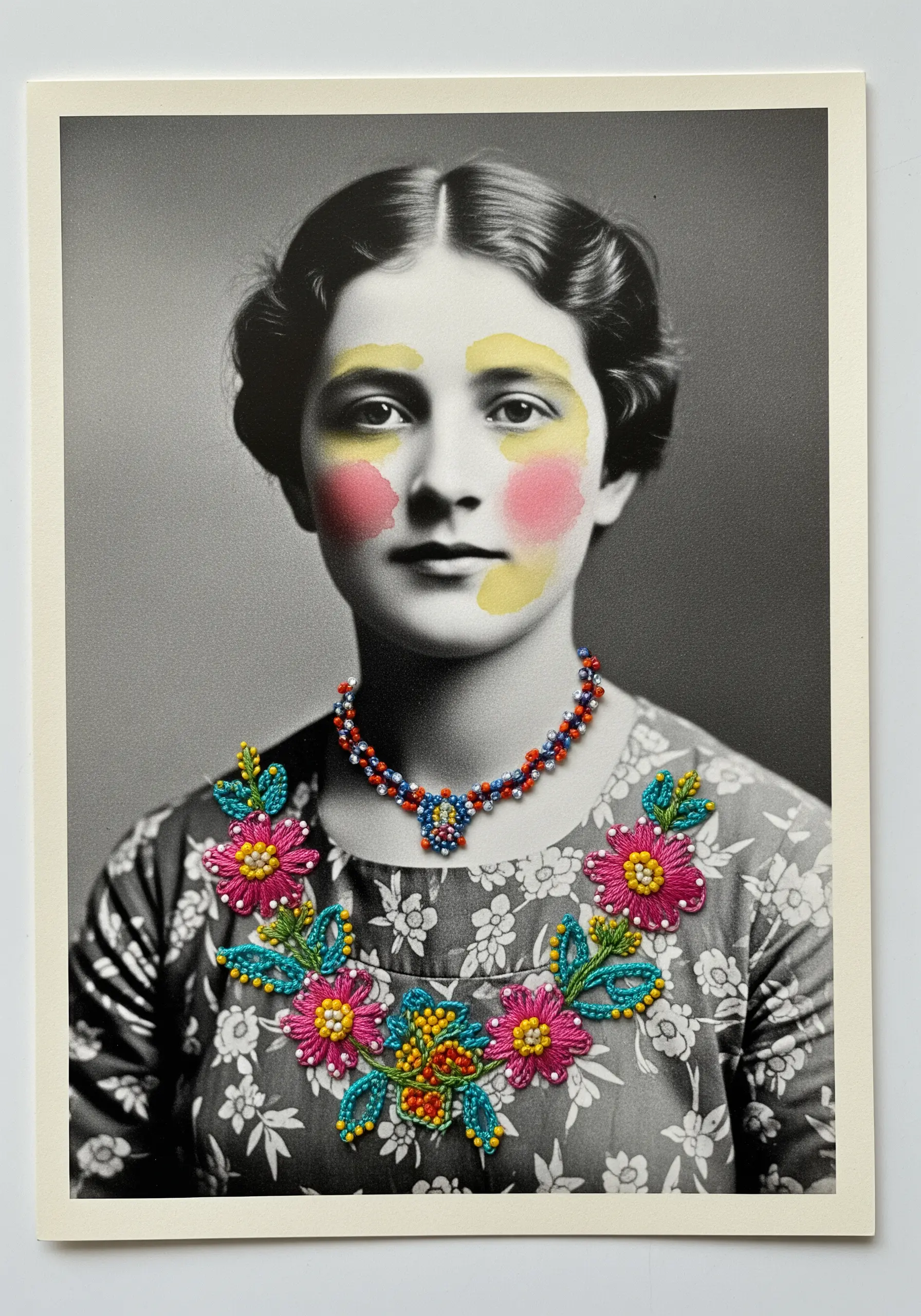 Vintage photo with a colorful embroidered floral necklace and painted details.