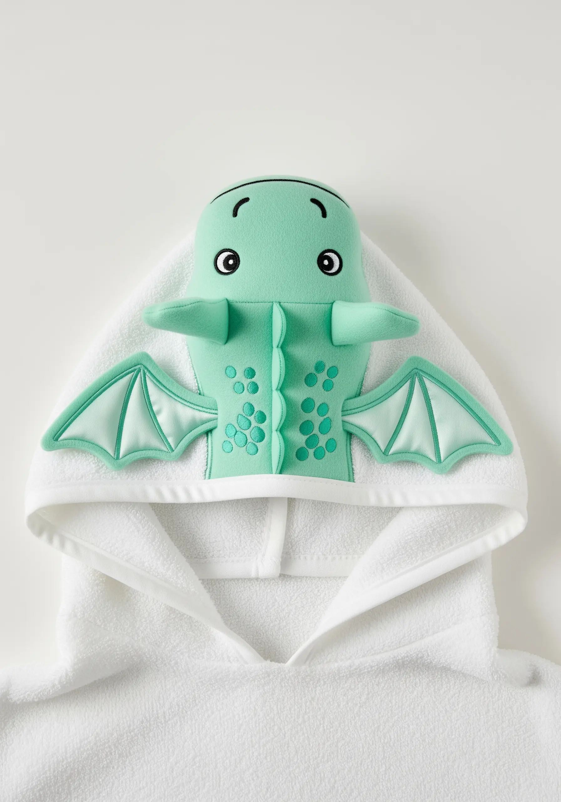 A hooded towel transformed into a dragon with 3D fabric wings and embroidered details.