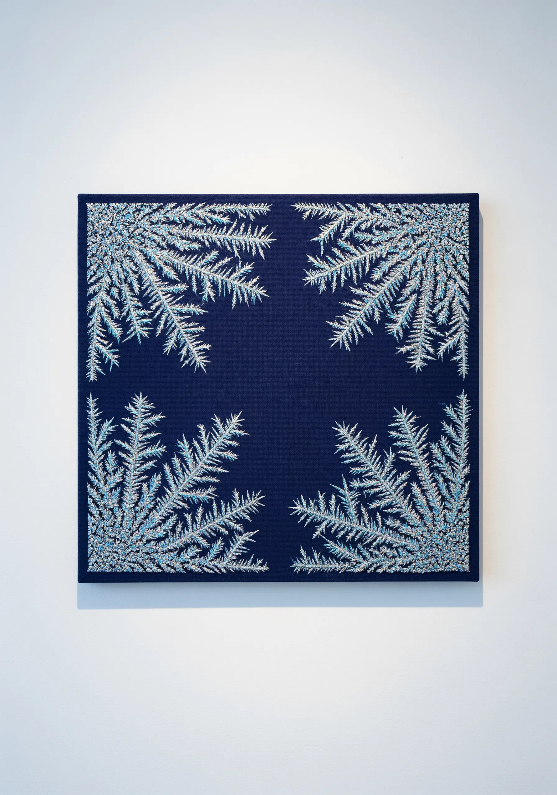 Embroidered frost crystals in white and silver thread on a dark blue canvas, forming a border.