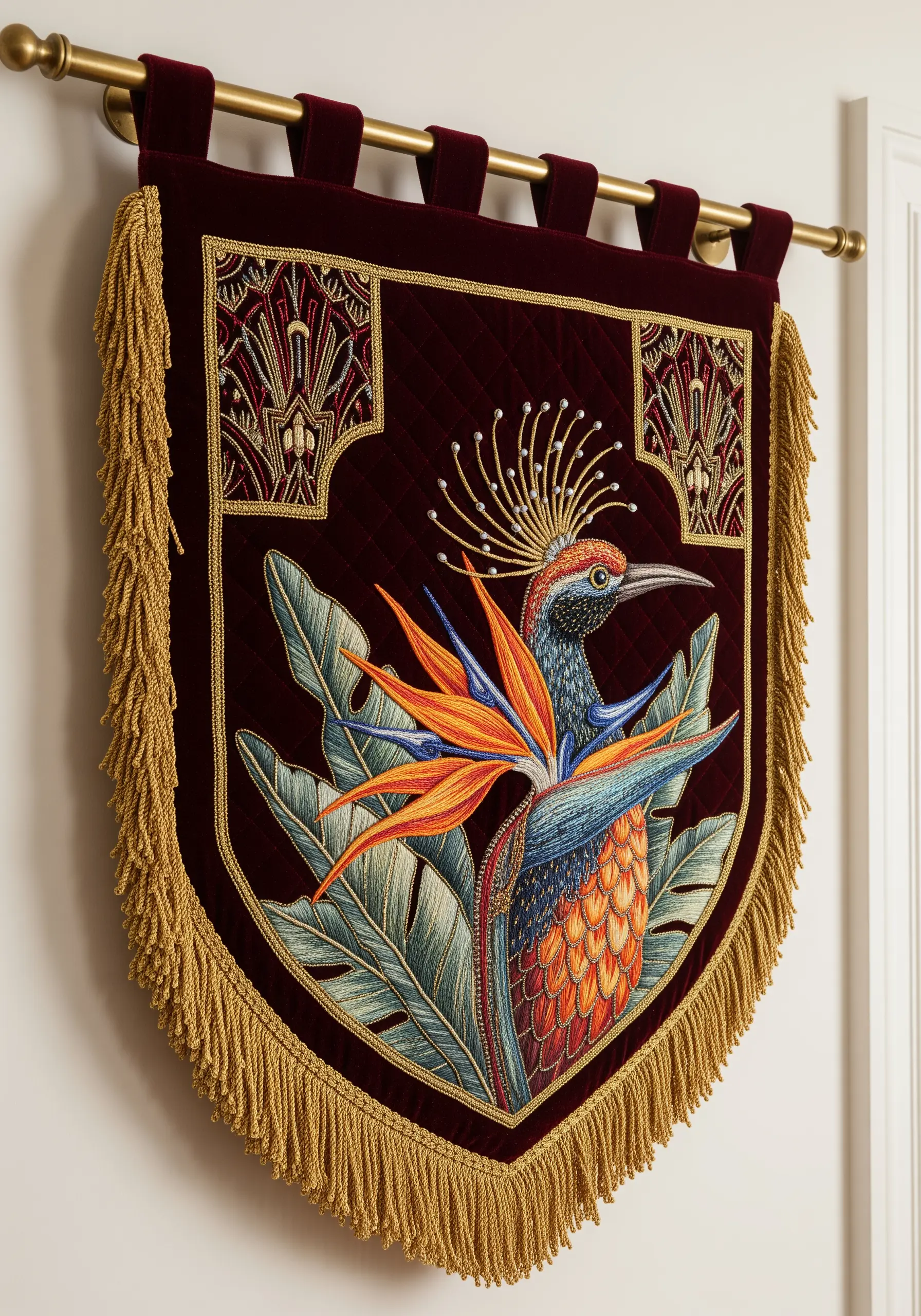 Ornate velvet banner with an embroidered bird of paradise, beading, quilting, and gold fringe.