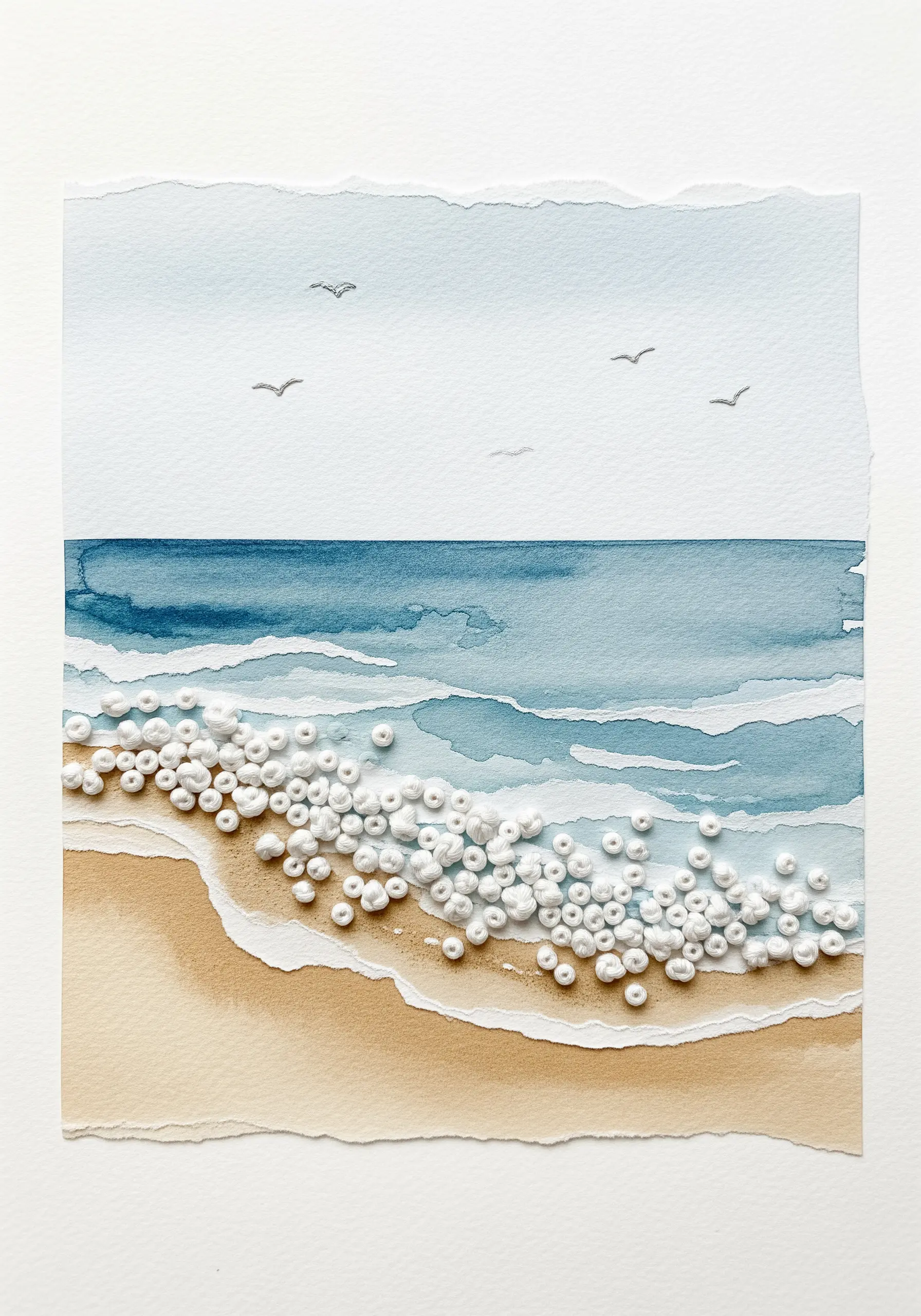 Watercolor beach scene with dimensional sea foam created from white French knots.