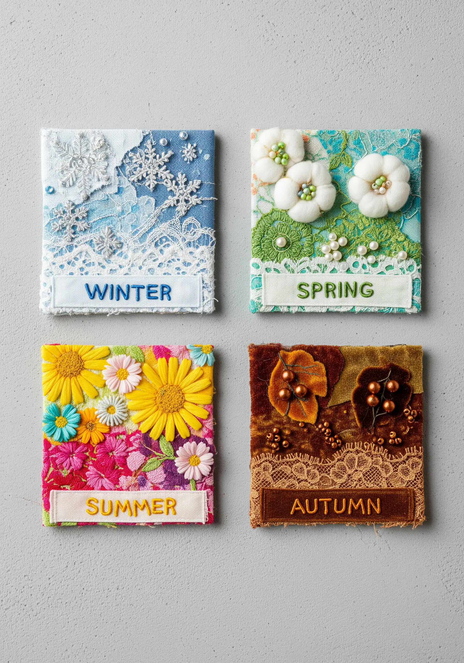 Four small fabric squares, each representing a season with unique mixed-media embellishments.