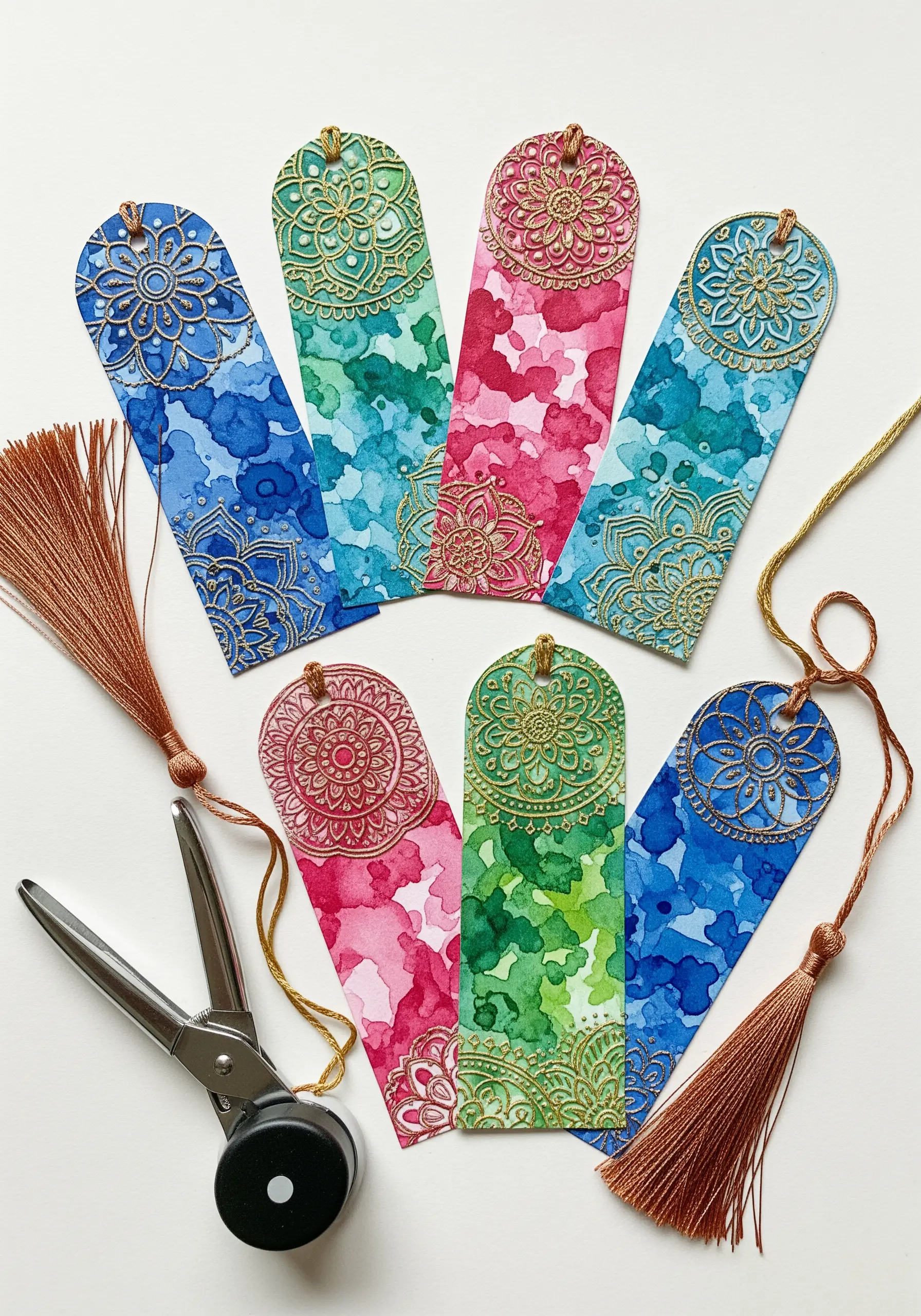 Watercolor bookmarks with gold heat-embossed mandalas and silky tassels.