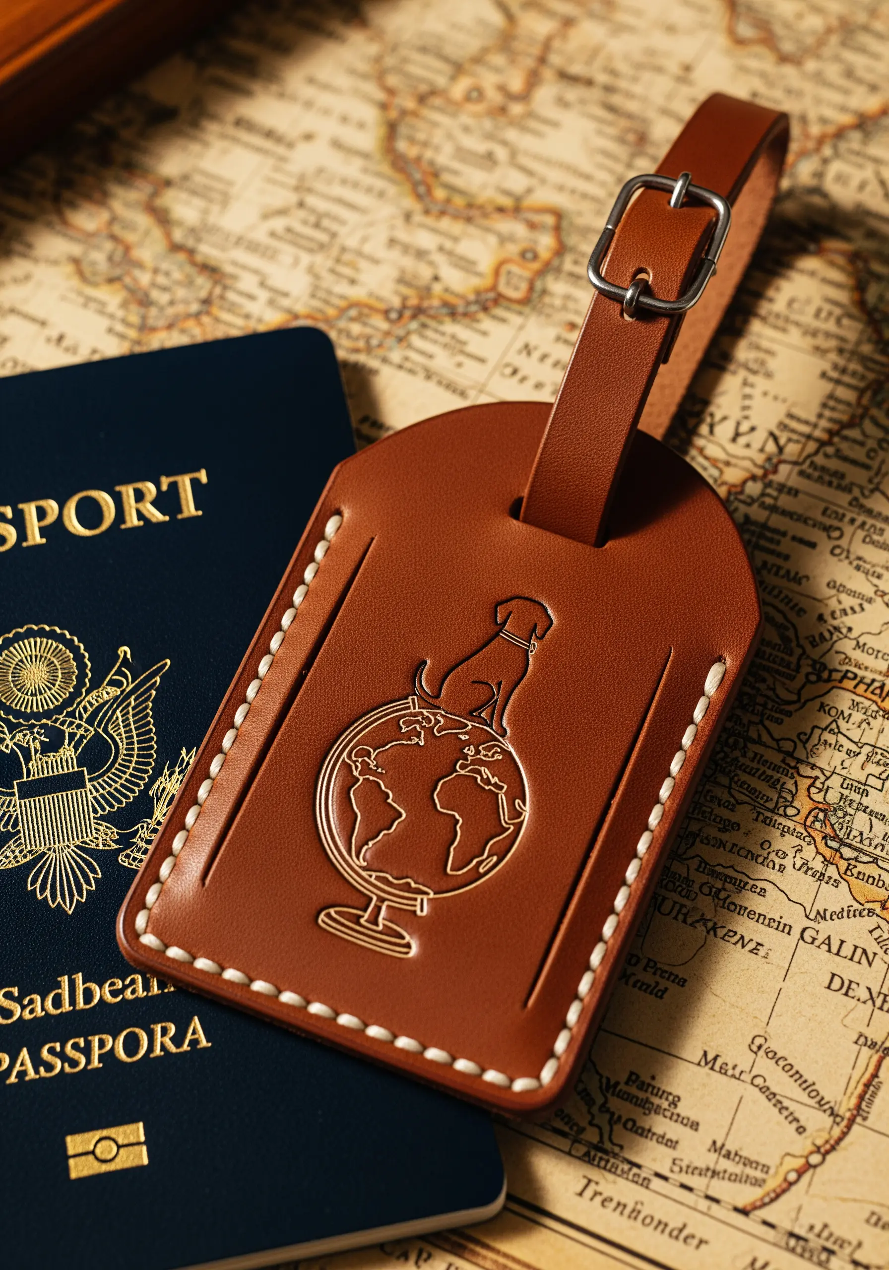 A simple line-art dog sitting on a globe, stitched onto a leather luggage tag.