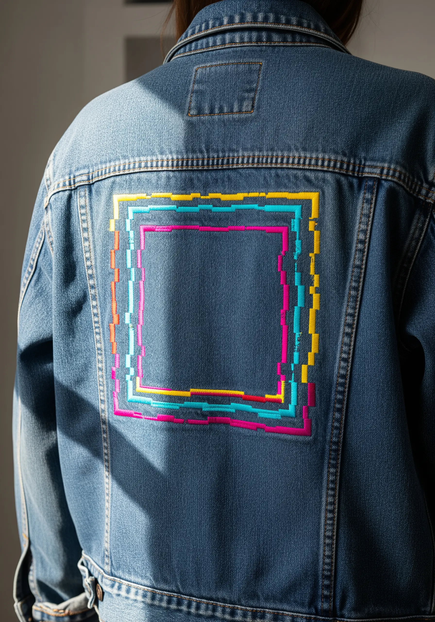 A pixelated square design with a 'glitch' effect embroidered in bright colors.