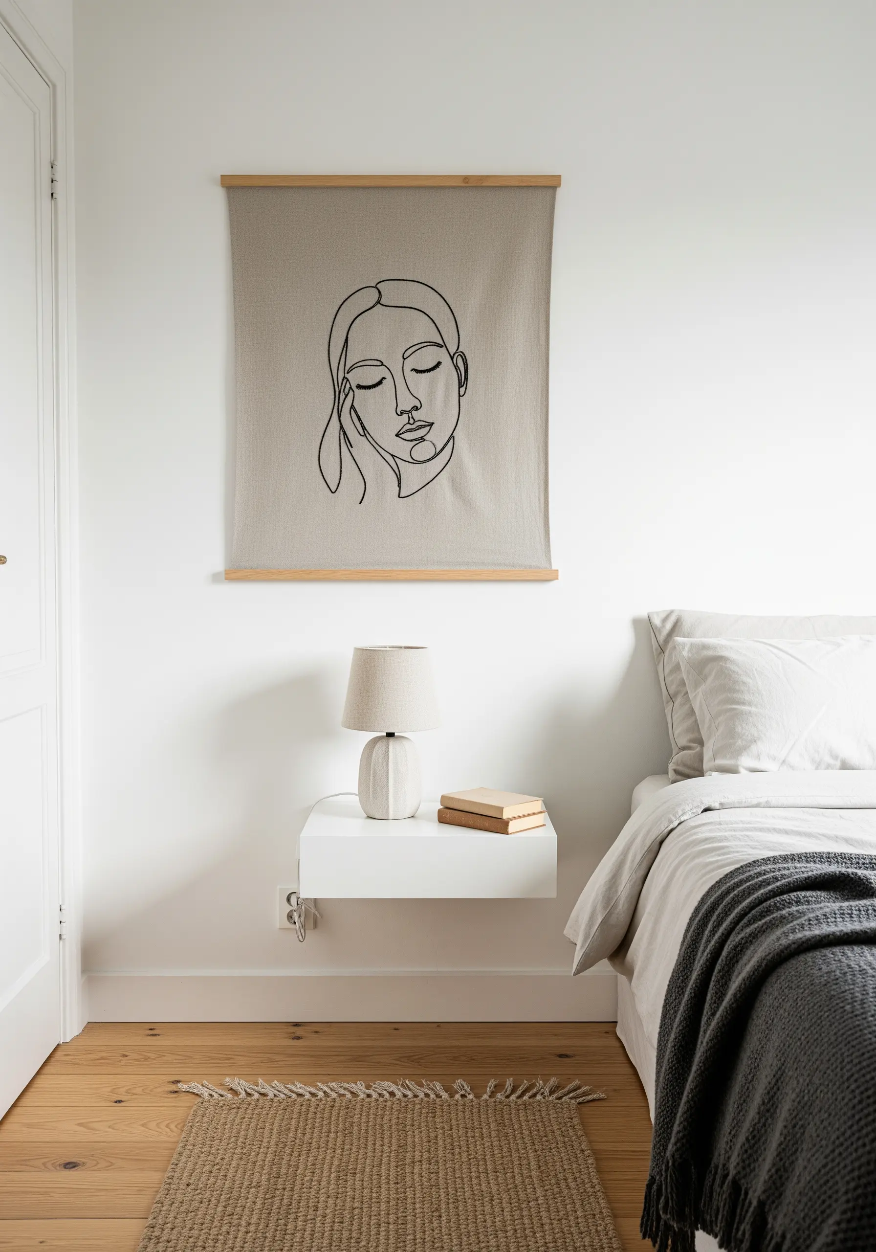 A minimalist face embroidered on a linen wall hanging suspended from a wooden dowel.
