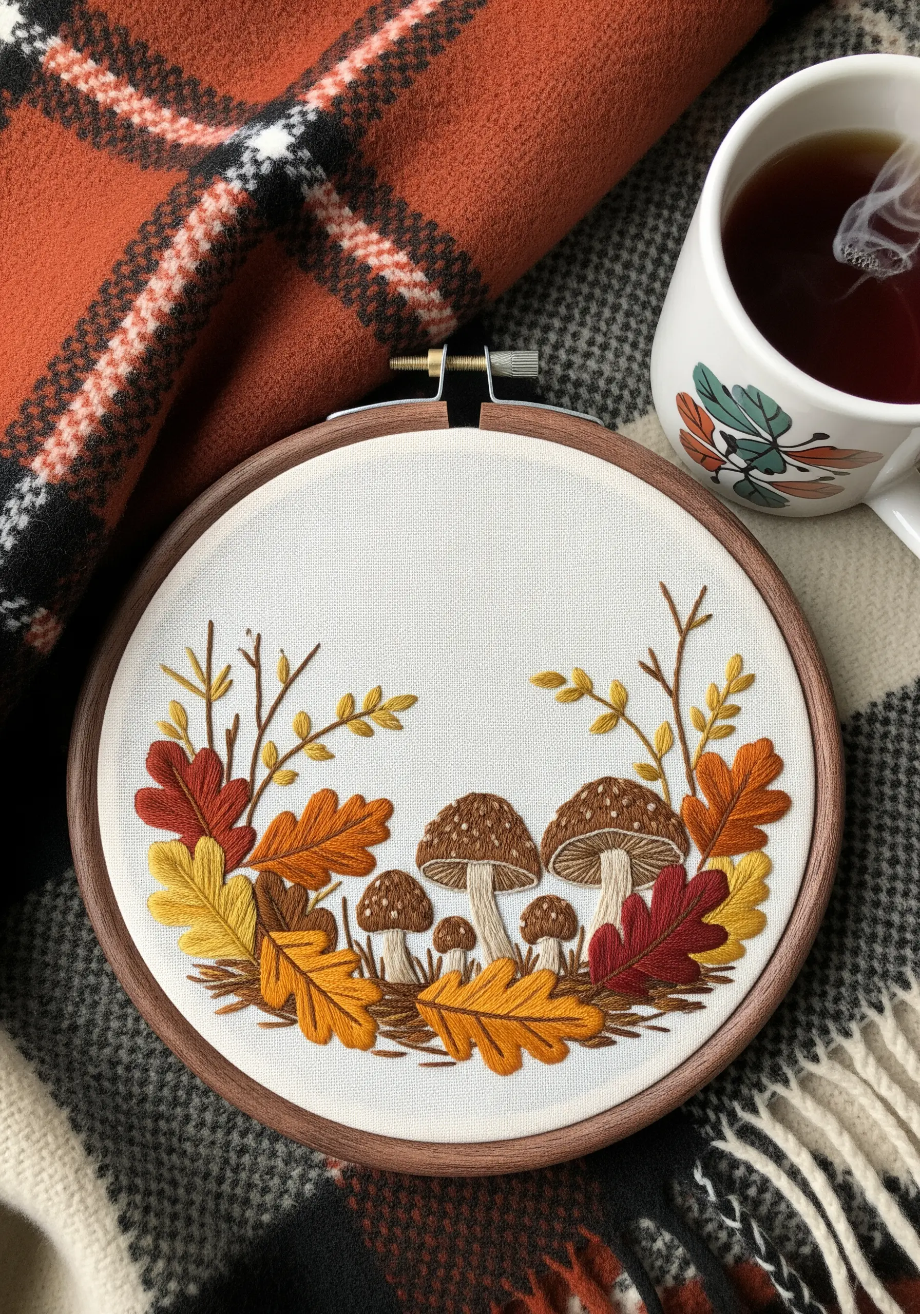 An autumnal embroidery scene with brown mushrooms nestled amongst red, orange, and yellow leaves.
