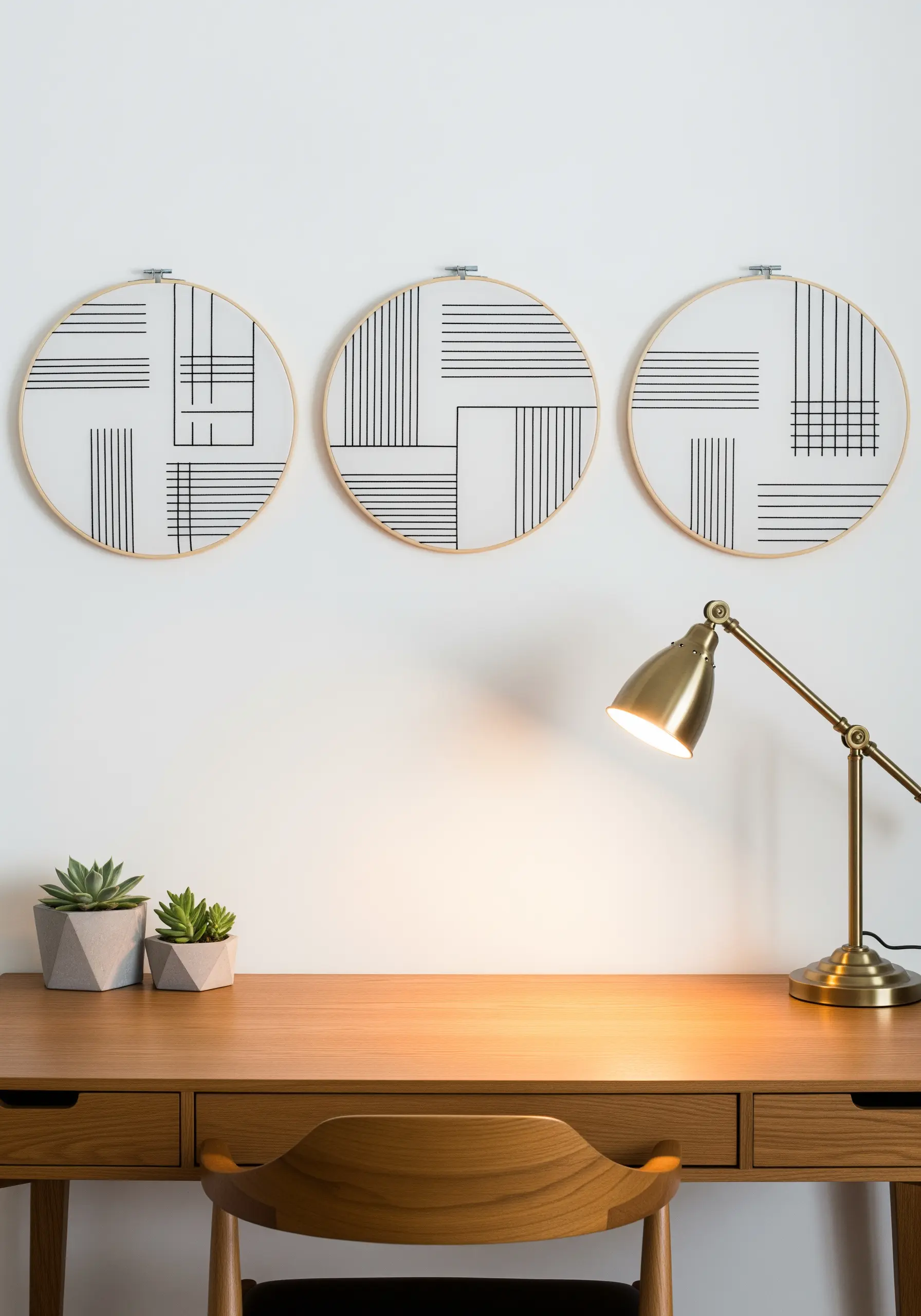 Three minimalist embroidery hoops with black geometric lines stitched on sheer fabric.