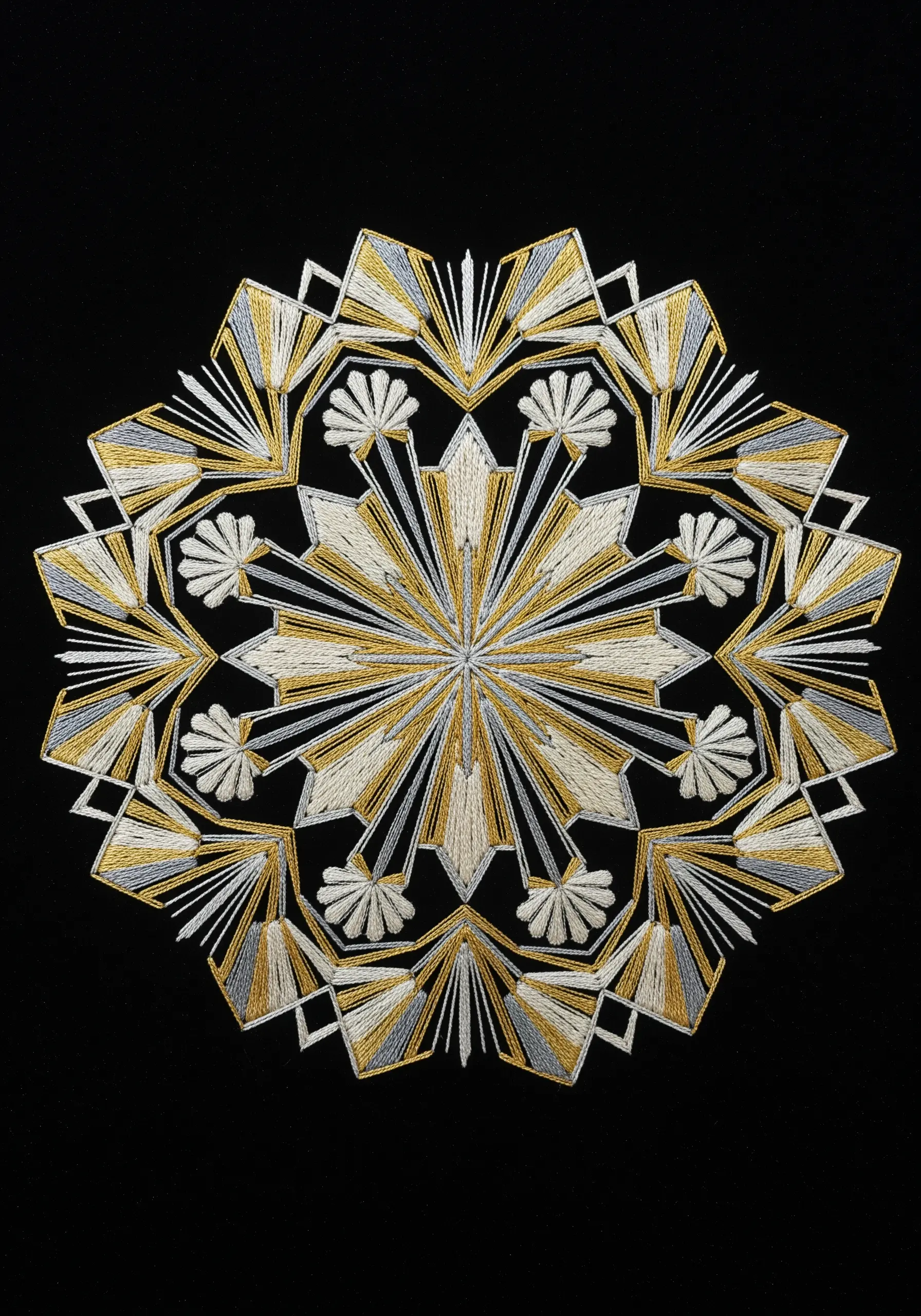 An Art Deco style mandala in gold, silver, and white on a black background.