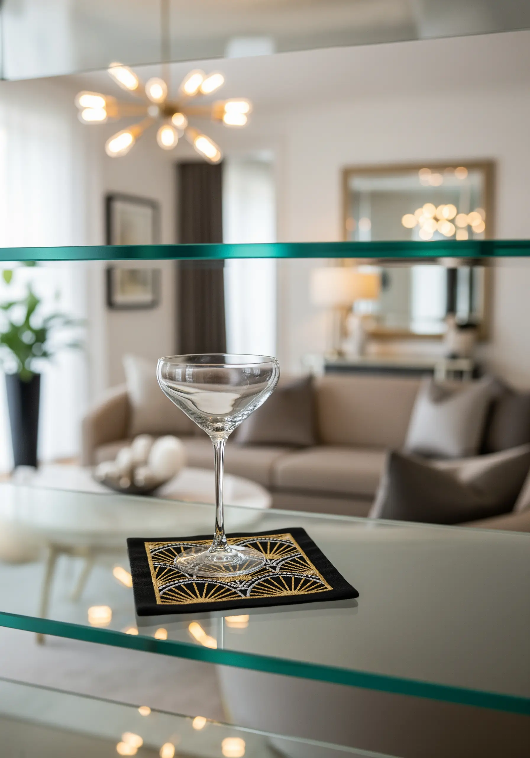 An Art Deco geometric pattern embroidered in gold thread on a black coaster.