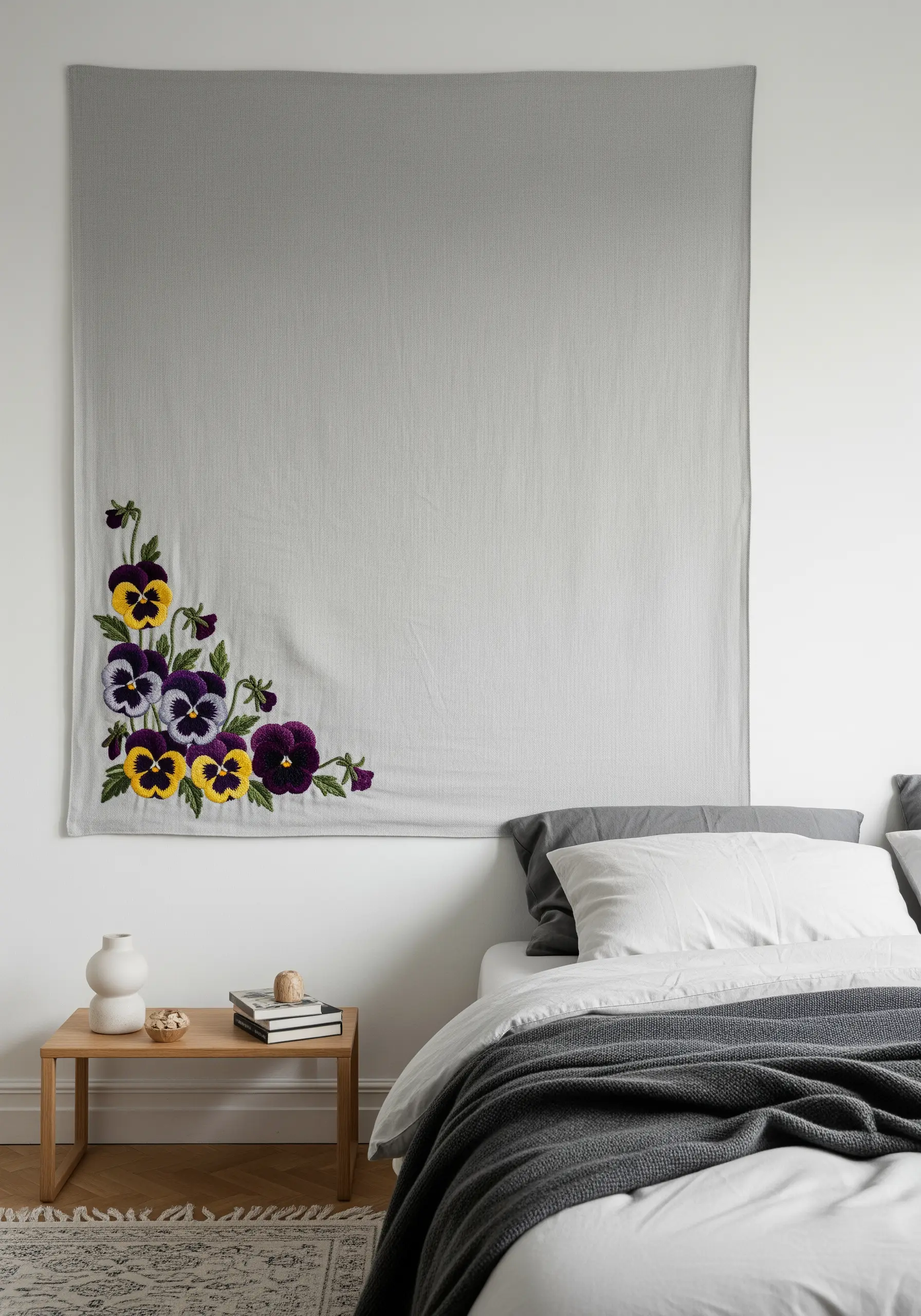 A large grey wall hanging with a cluster of embroidered pansies in the bottom left corner.