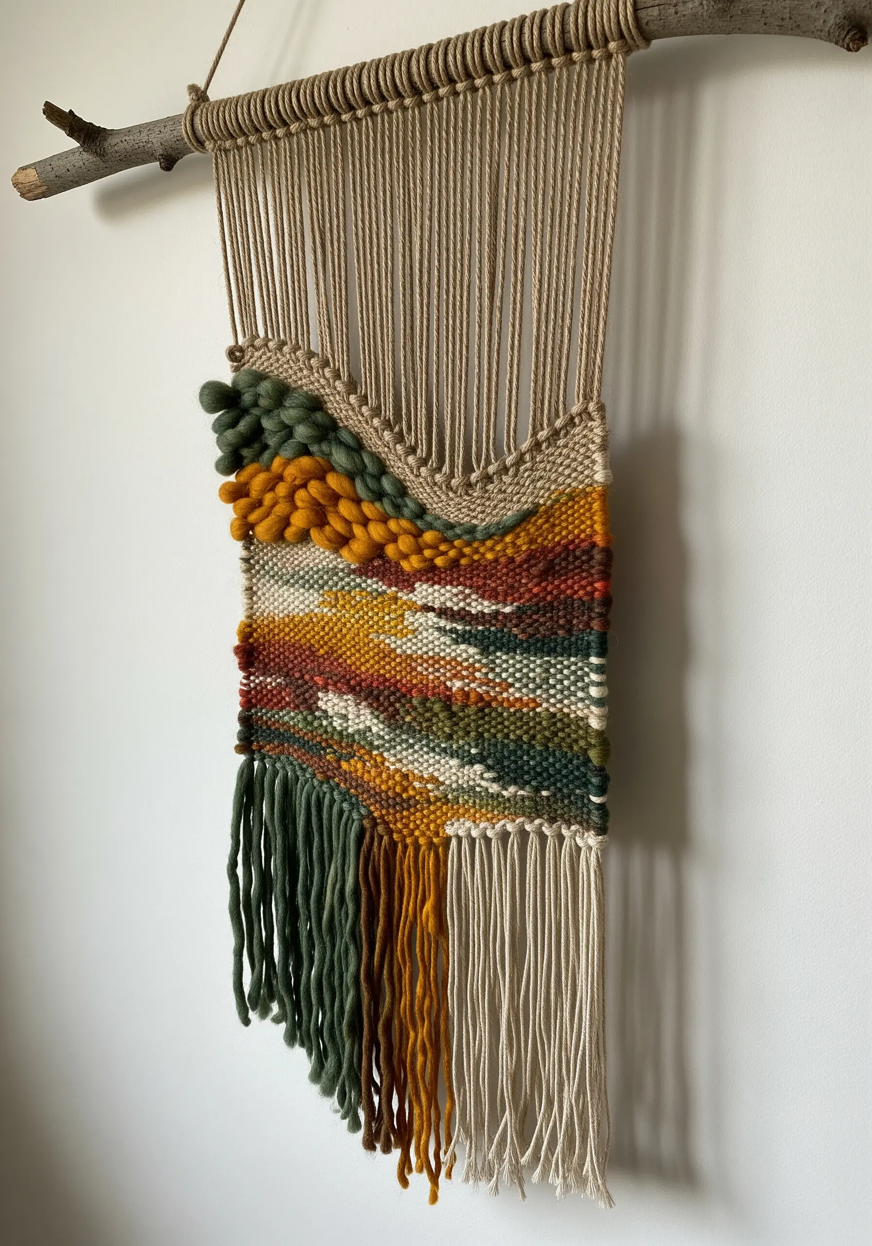 An asymmetrical, freeform weaving with earthy tones and high-texture yarns, hung from a branch.