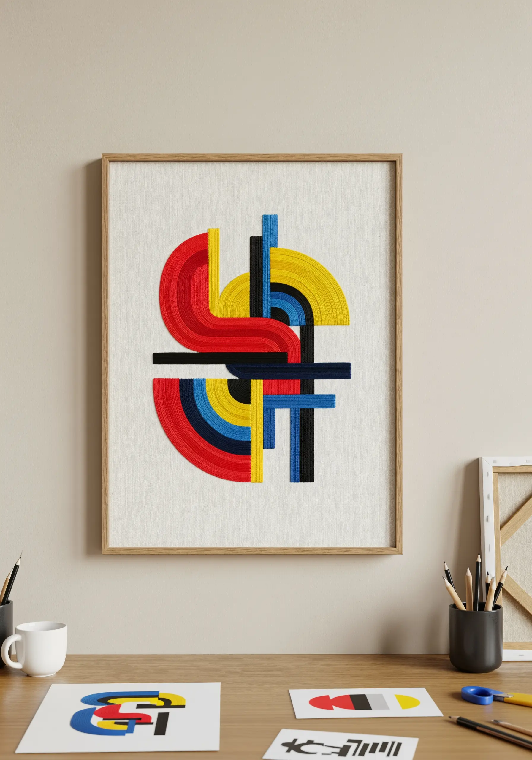 A framed abstract embroidery in the Bauhaus style with primary colors and bold curved shapes.
