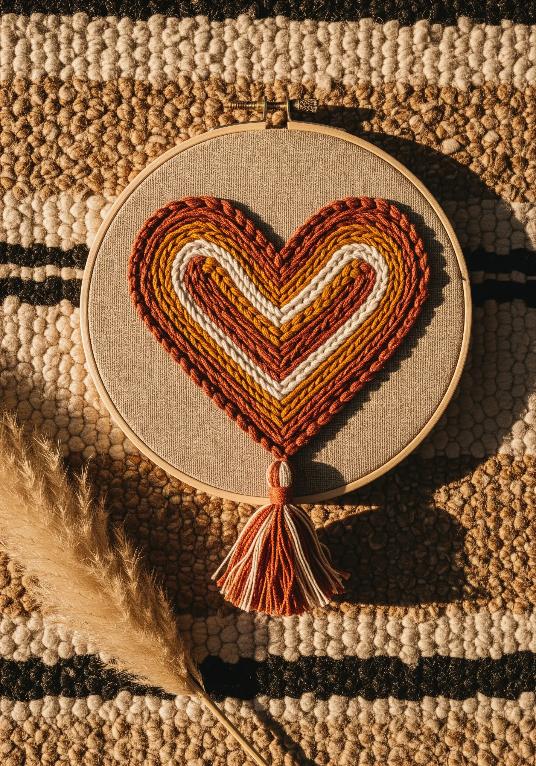 A heart made of concentric rings of chunky, earth-toned yarn with a matching tassel.