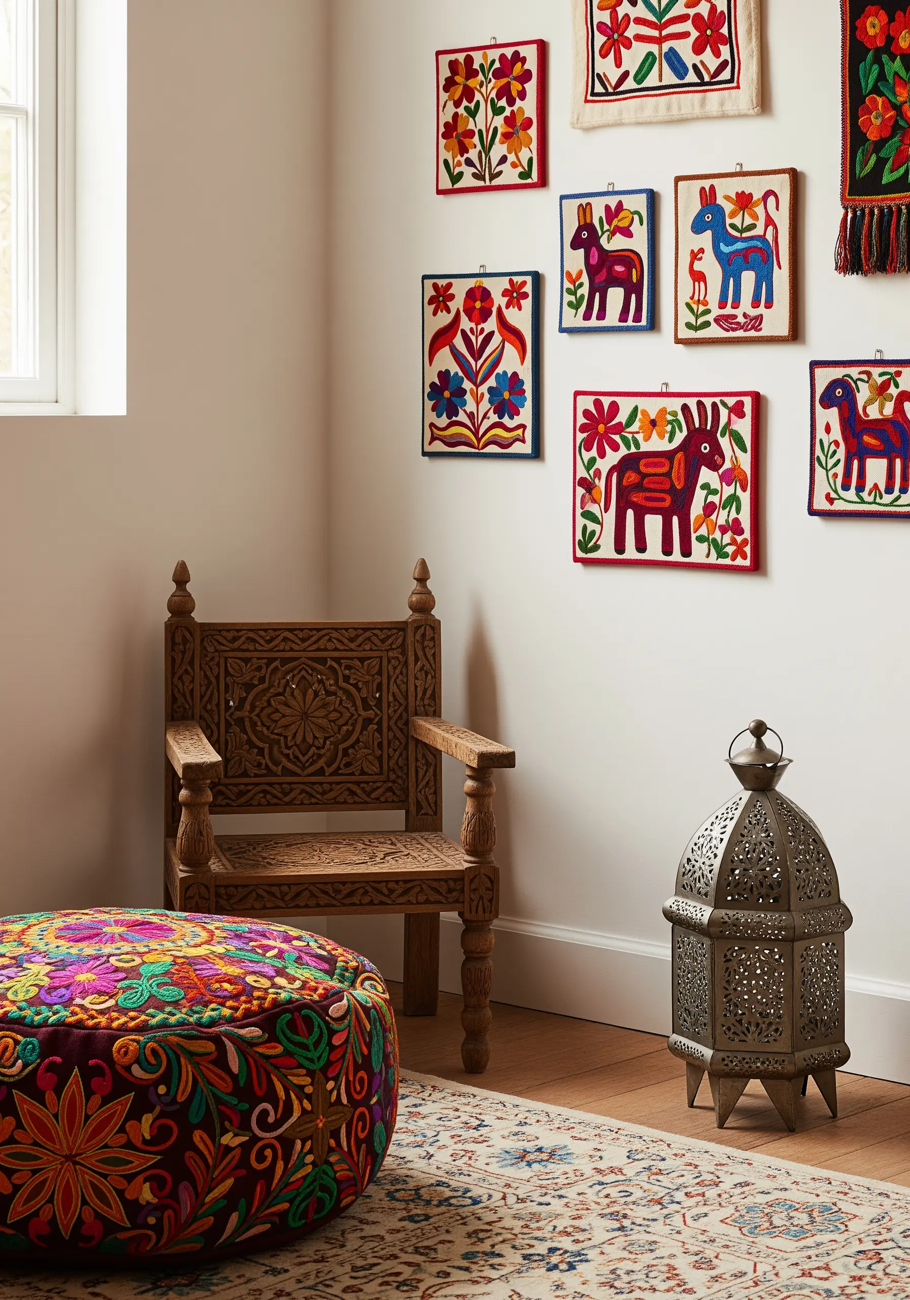 A gallery wall of colorful folk art embroidery featuring stylized animals and flowers.