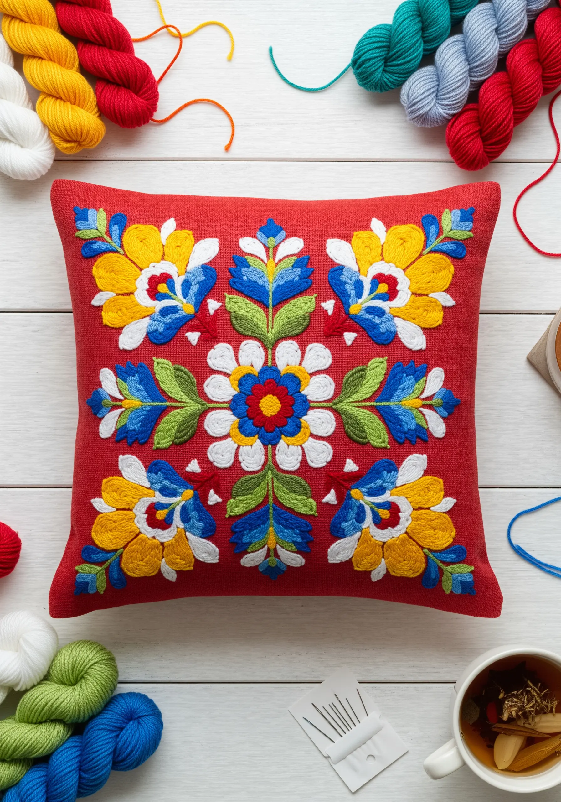 A symmetrical folk art floral pattern in bold primary colors on a red cushion.