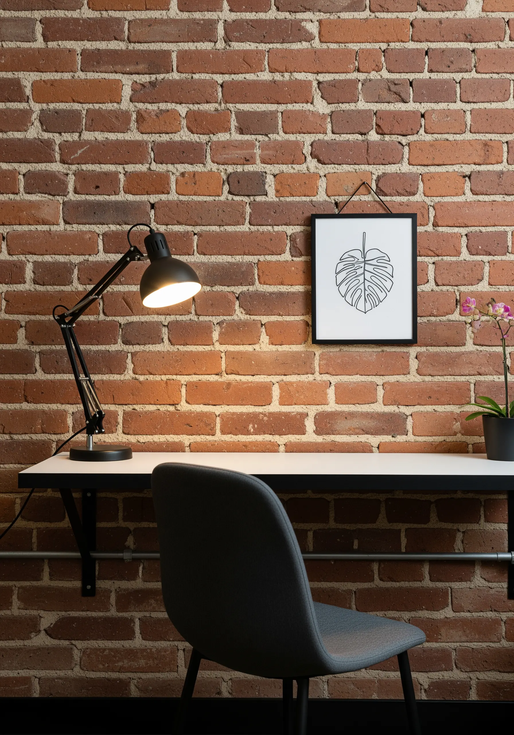 A single framed piece of black-and-white monstera leaf line art on a brick wall above a desk.