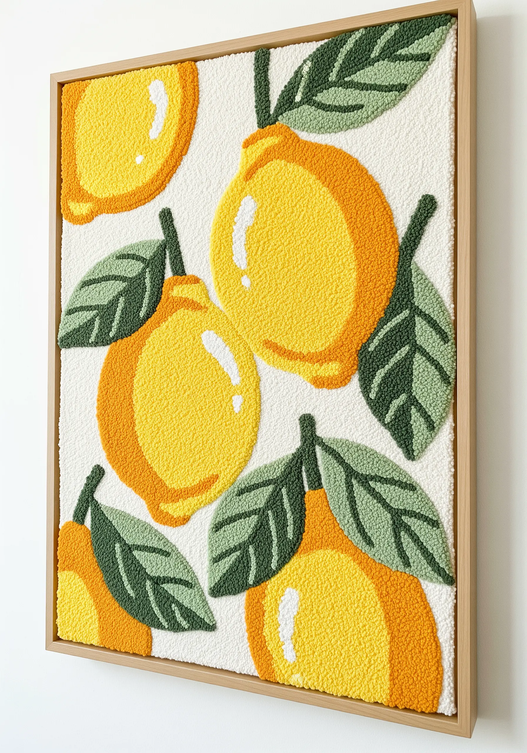 Framed punch needle art of bright yellow lemons with green leaves on a white background.