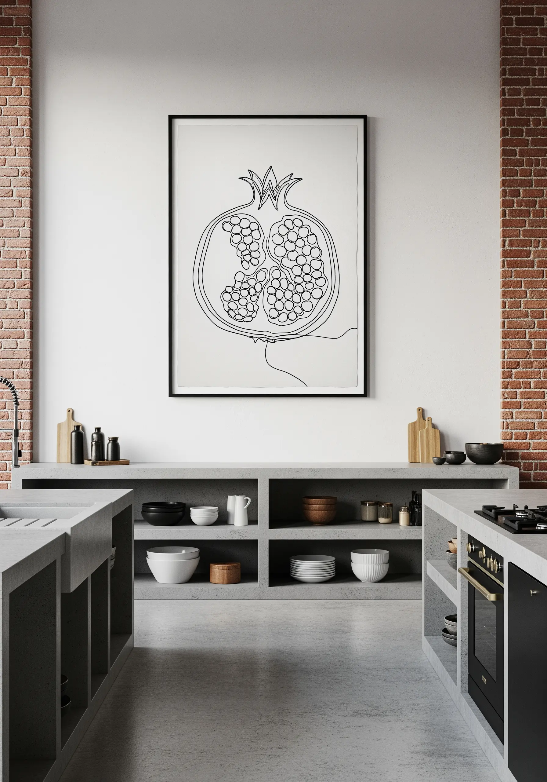 Large-scale framed single-line embroidery of a pomegranate cross-section in an industrial kitchen.