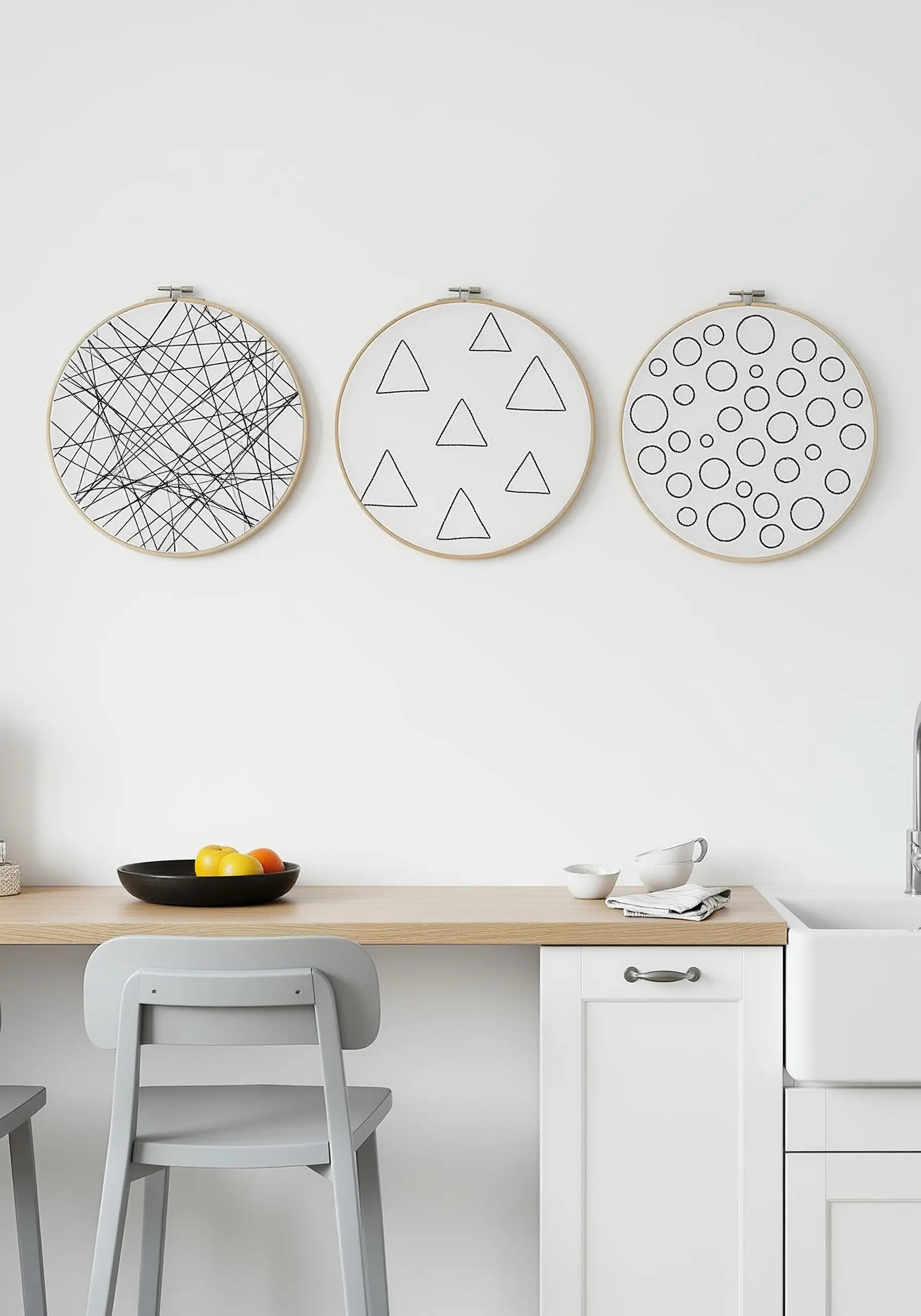 Three hoops with abstract black line art—scribbles, triangles, and circles.