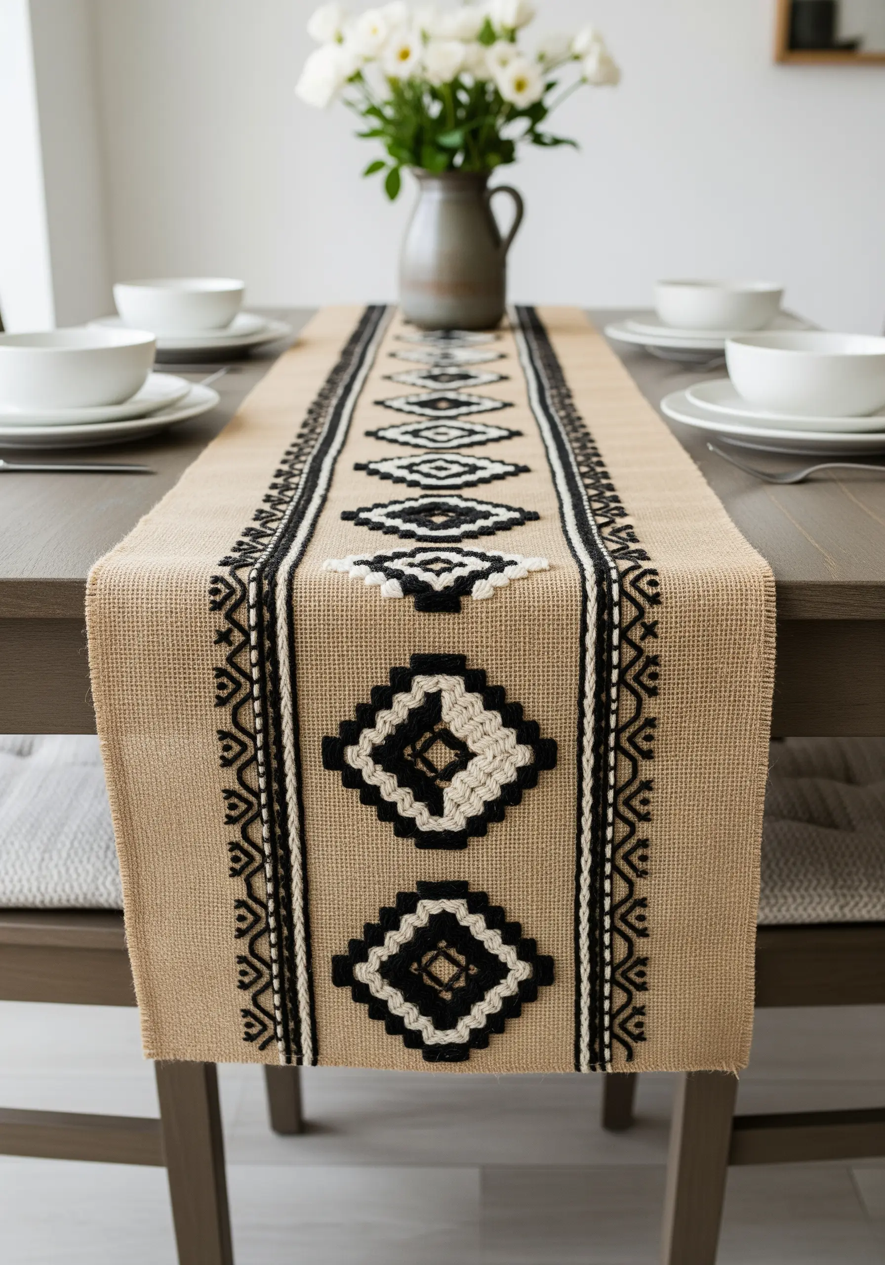 A burlap table runner with bold, graphic black and white embroidered geometric patterns.