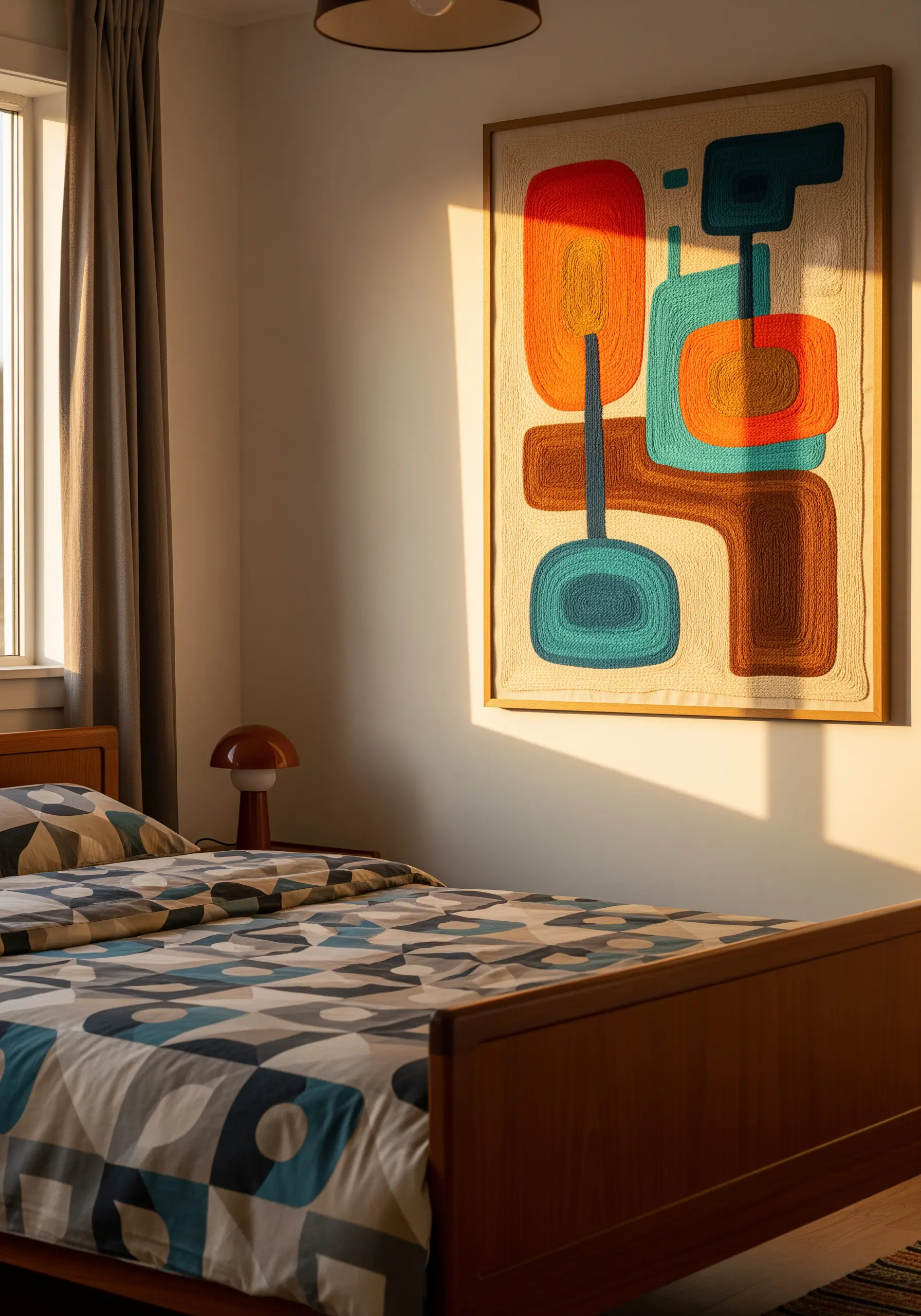 Large, framed abstract embroidery with retro color-blocking in orange, blue, and brown.