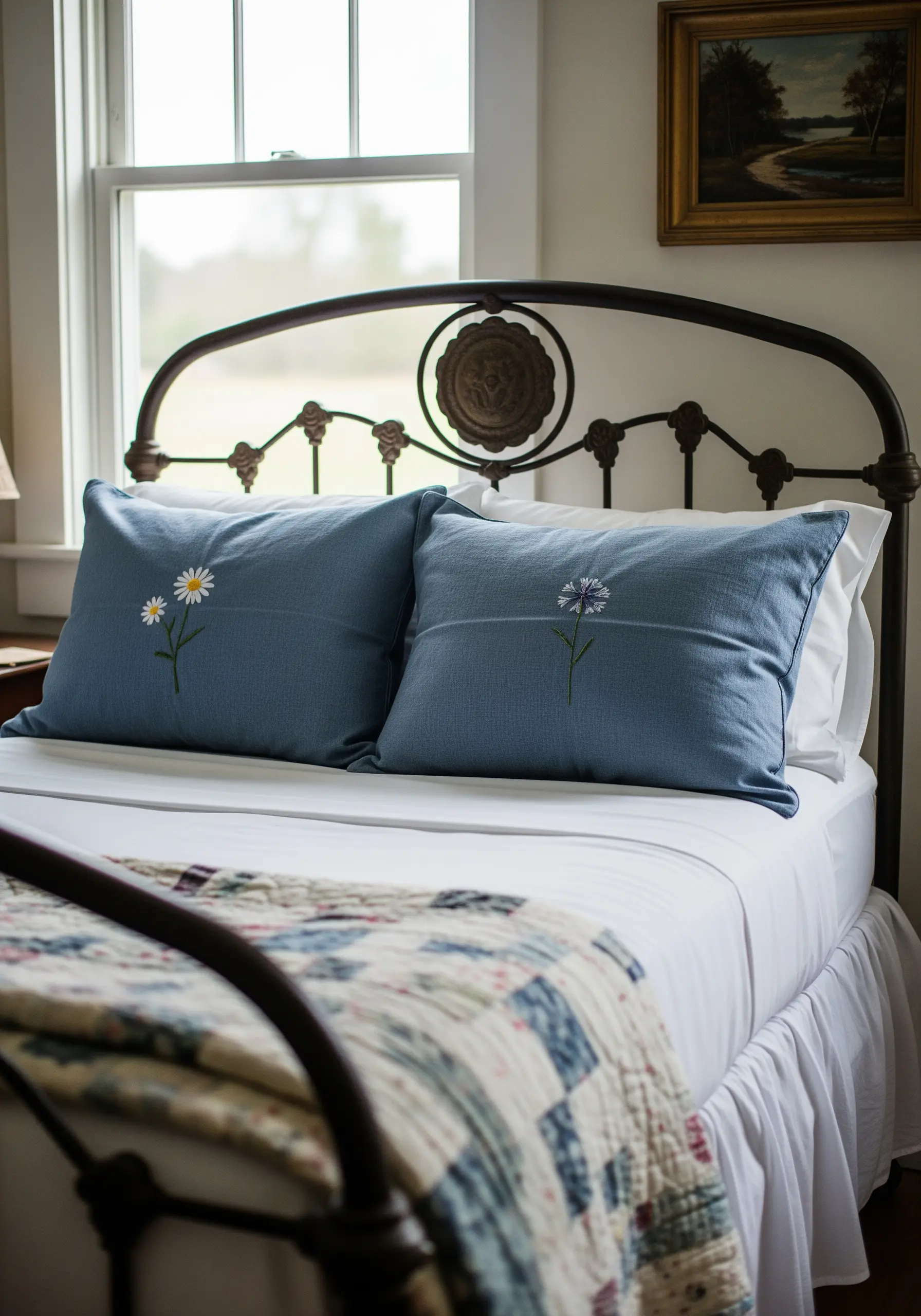 A single embroidered daisy with a long stem on a blue chambray pillow.