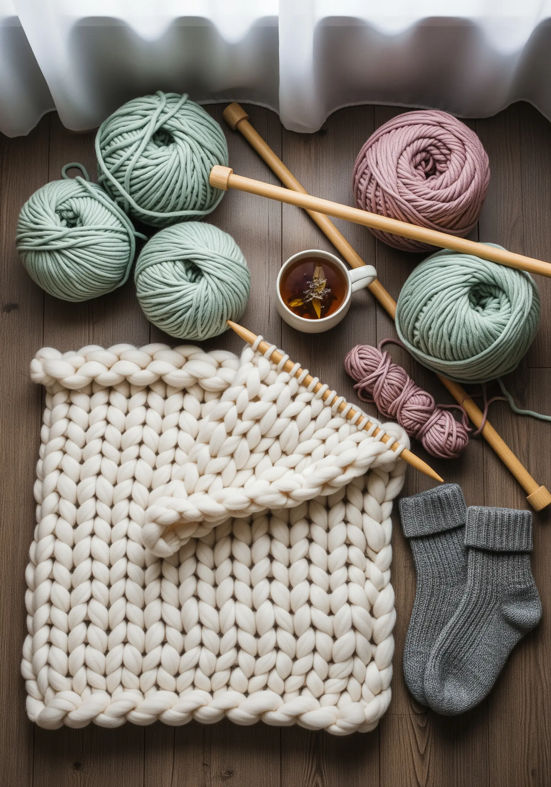 Cozy flat lay of chunky mint and pink yarn with a partially knit white blanket.