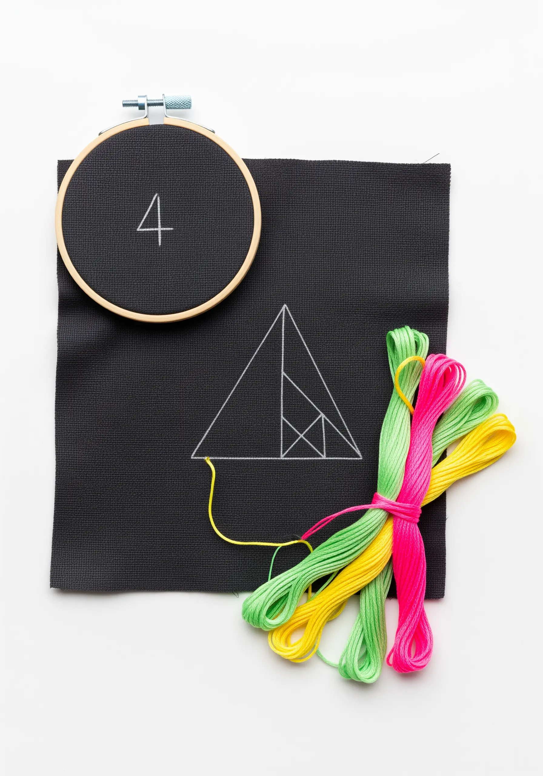 A geometric design outlined in white thread on black fabric, with colorful floss nearby.
