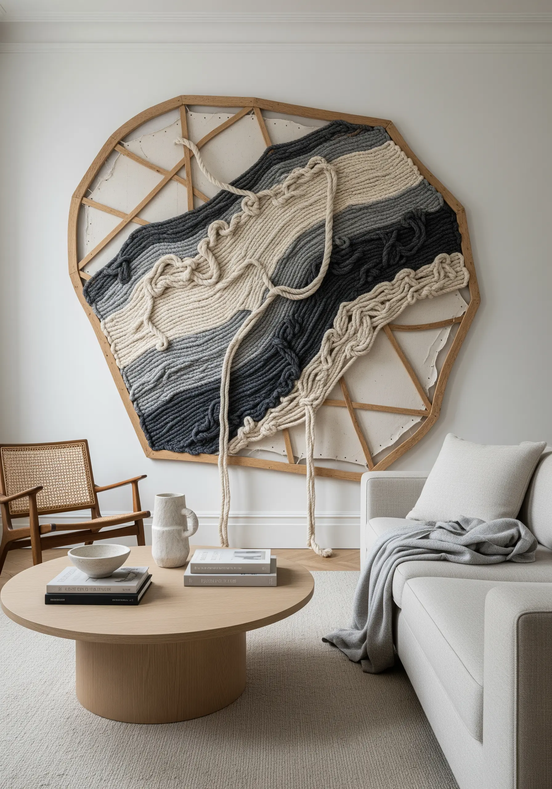 Large, abstract fiber art on an exposed wooden frame with woven and draped elements.