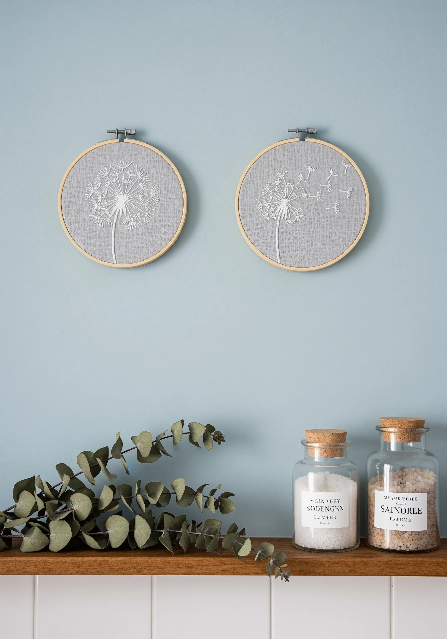 Two embroidery hoops with white dandelions stitched on grey fabric.