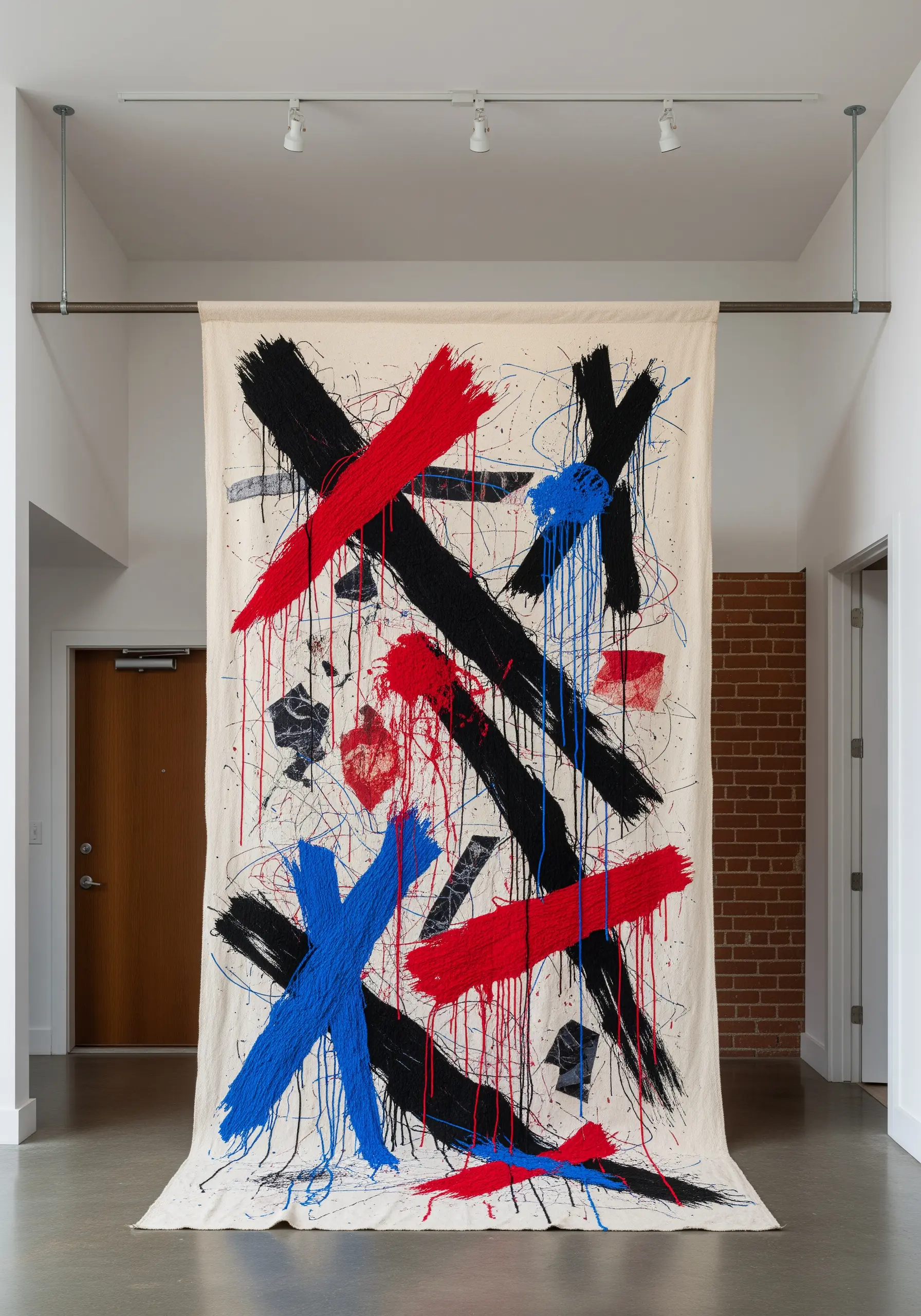 Large abstract expressionist textile hanging with bold black, red, and blue yarn strokes.
