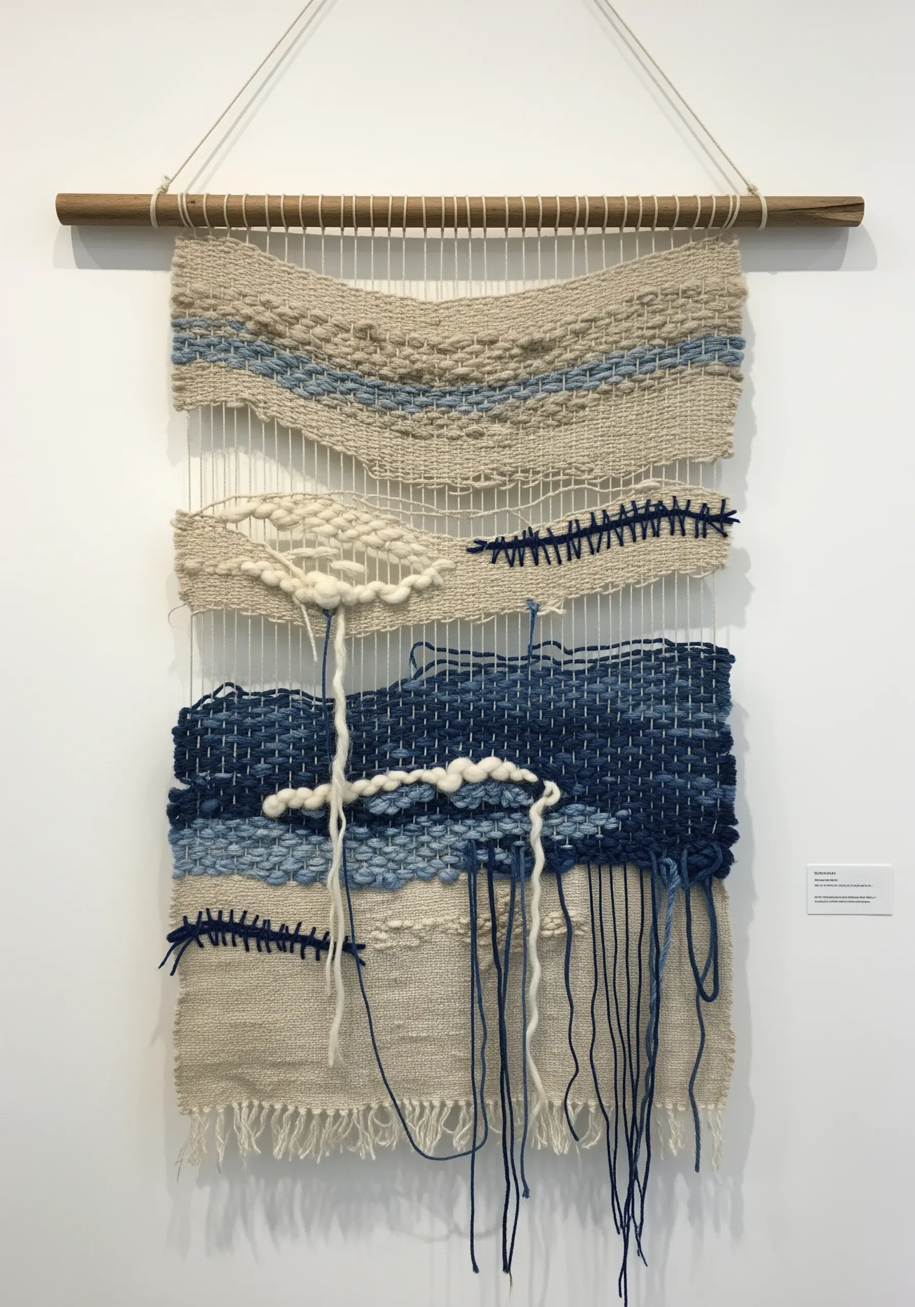 An abstract, deconstructed weaving in neutral and blue tones with loose threads and varied textures.