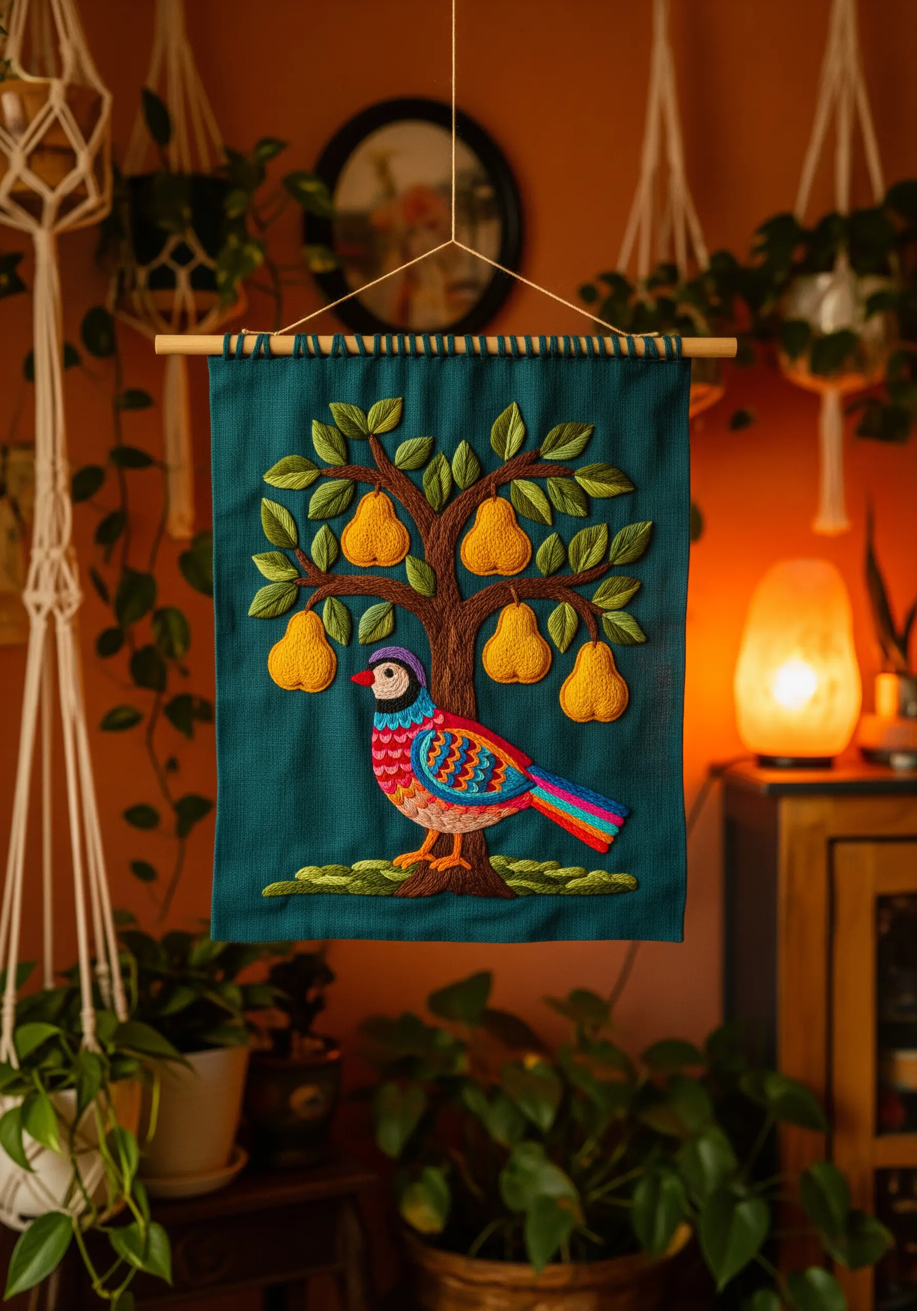 A folk-art embroidery of a partridge in a pear tree, with bold colors and dense satin stitch.