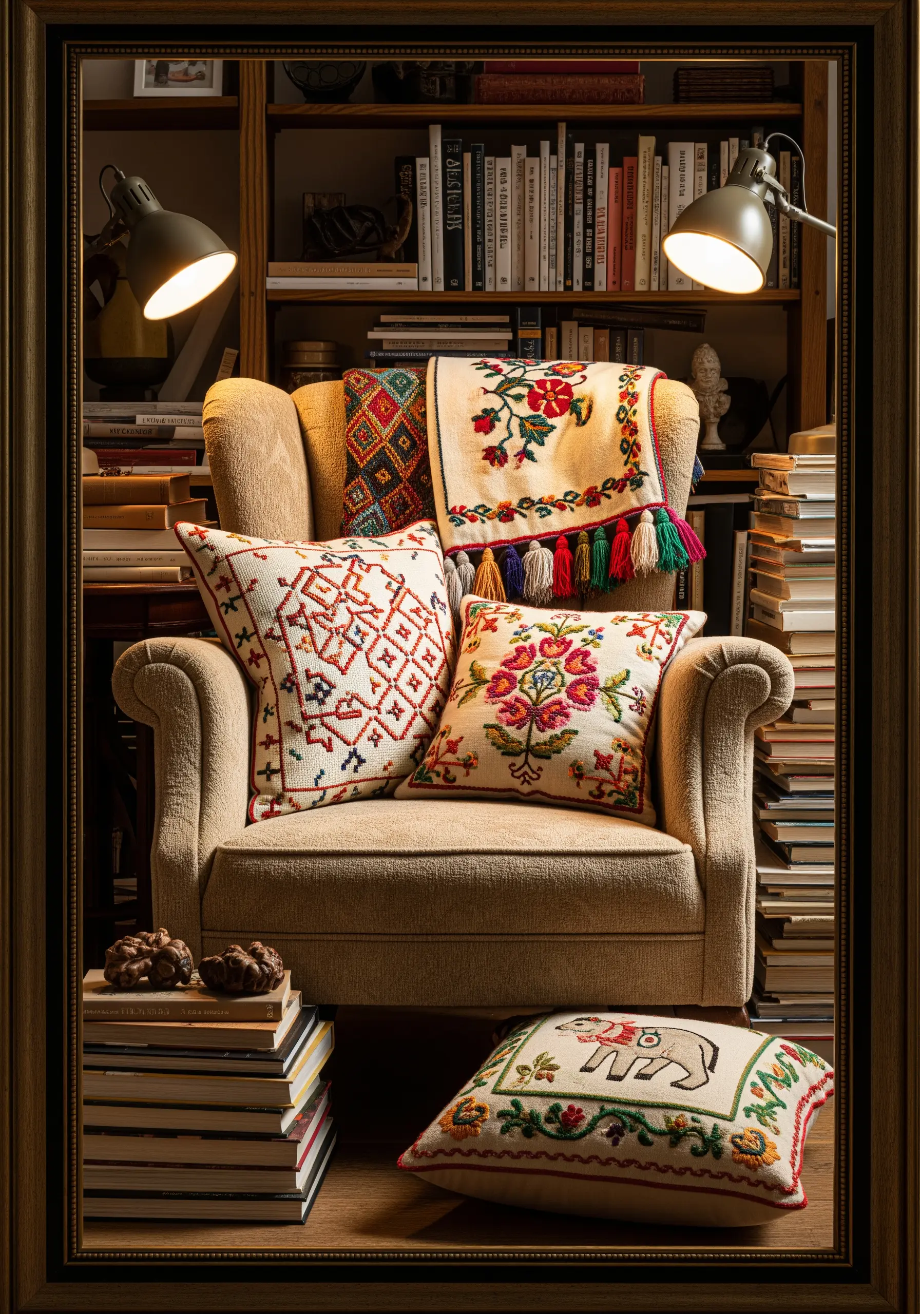 Folk art style embroidered pillows with bold outlines and vibrant colors.