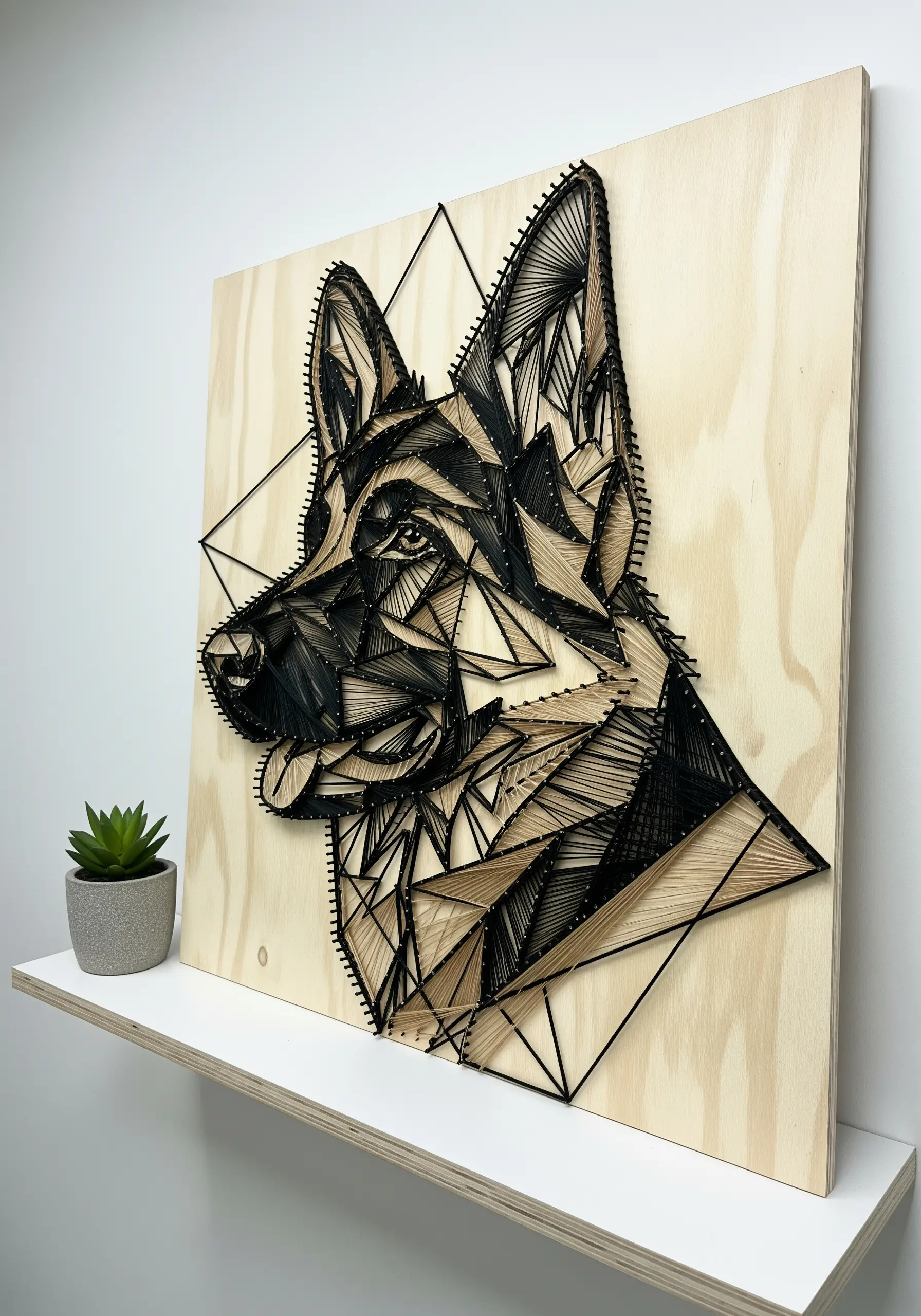 Geometric string art portrait of a German Shepherd on a light wood panel.