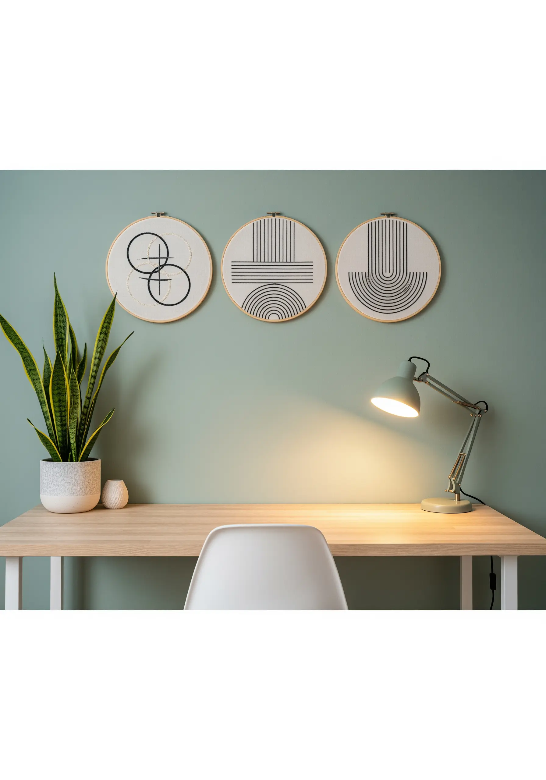 A triptych of minimalist geometric line art embroidery hoops on a sage green wall