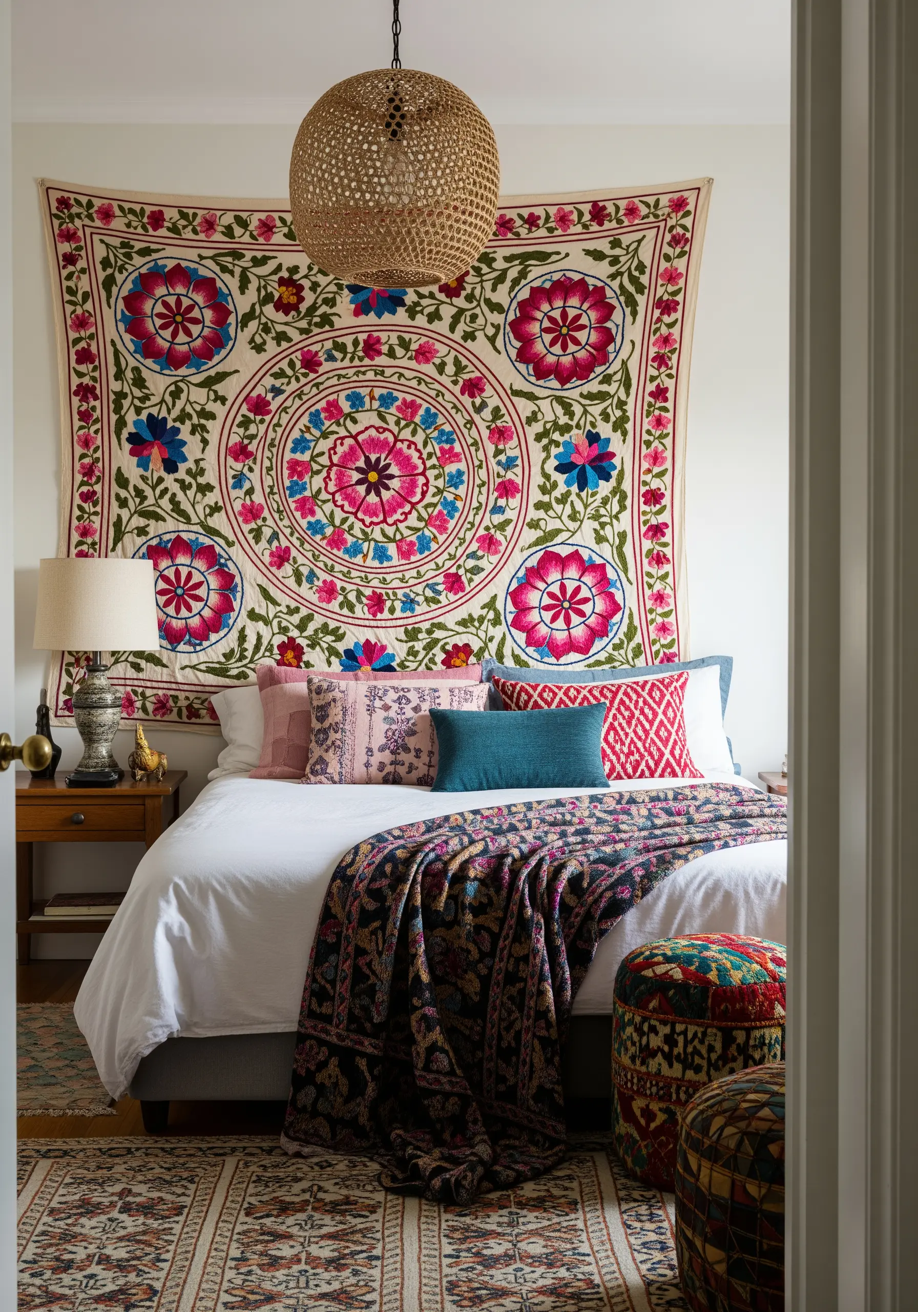 A large, colorful Suzani-style embroidered tapestry with floral medallions hanging above a bed.